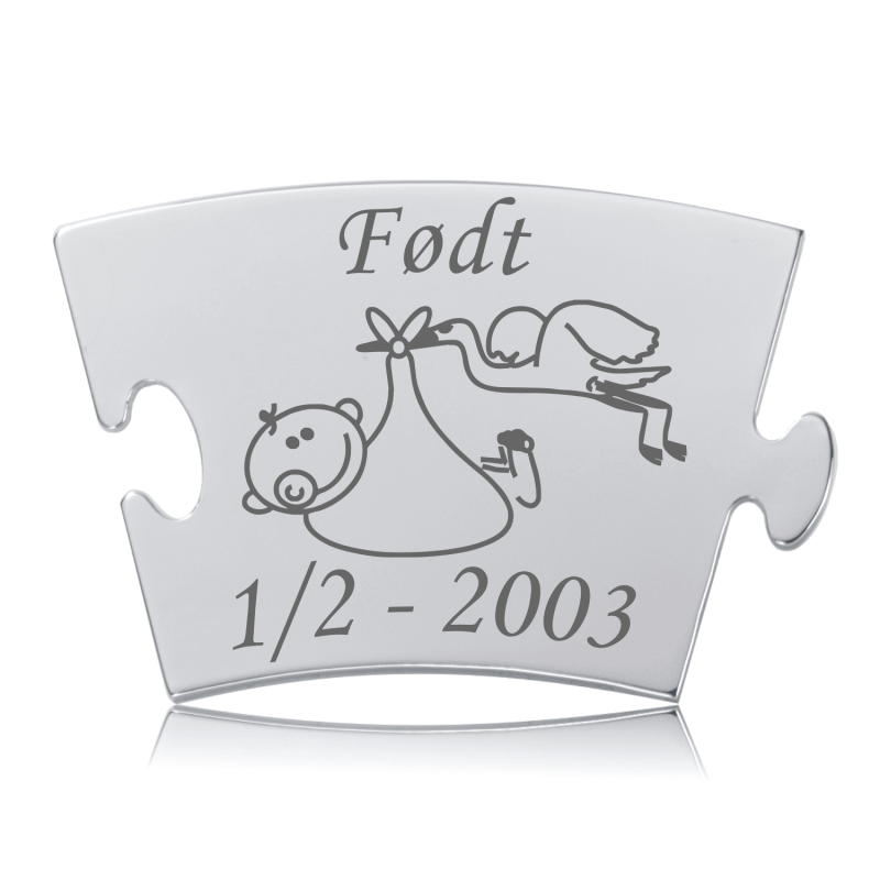 Memozz Classic brik "Født" i rustfrit stål med gravering af stork og baby, dato og tekst "Født"