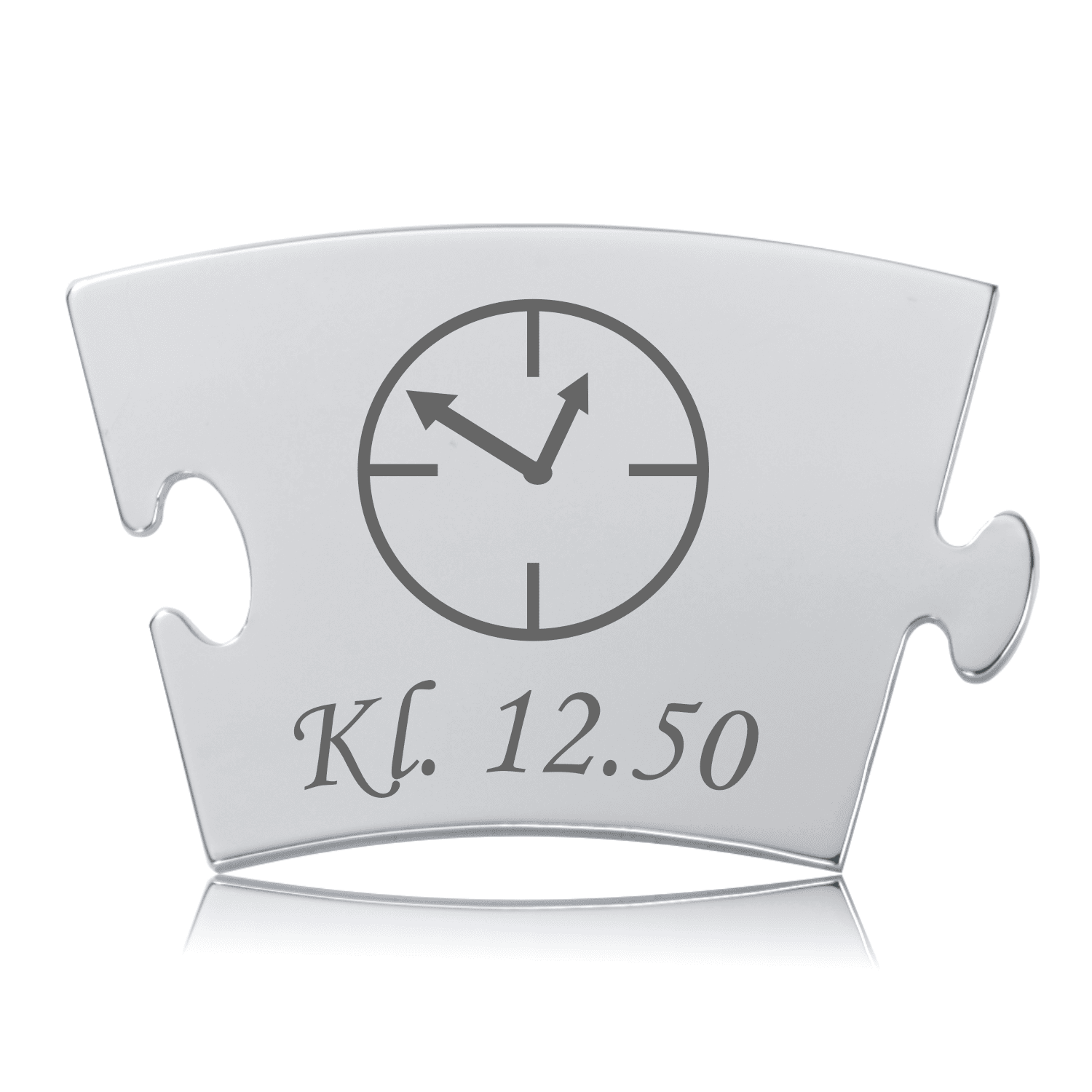 Memozz Classic brik i blankt rustfrit stål med graveret ur og teksten "Kl. 12.50"