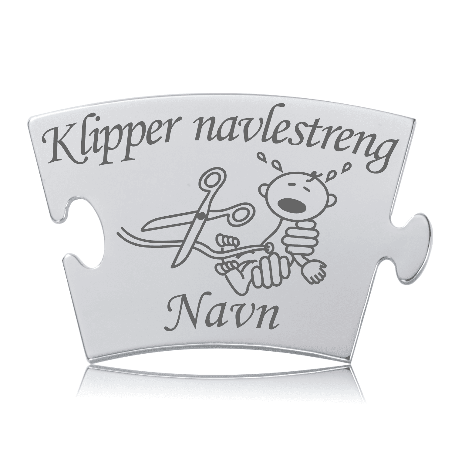 Memozz Classic brik til "Klipper Navlestreng" i skinnende rustfrit stål med graveret motiv af en baby og saks.