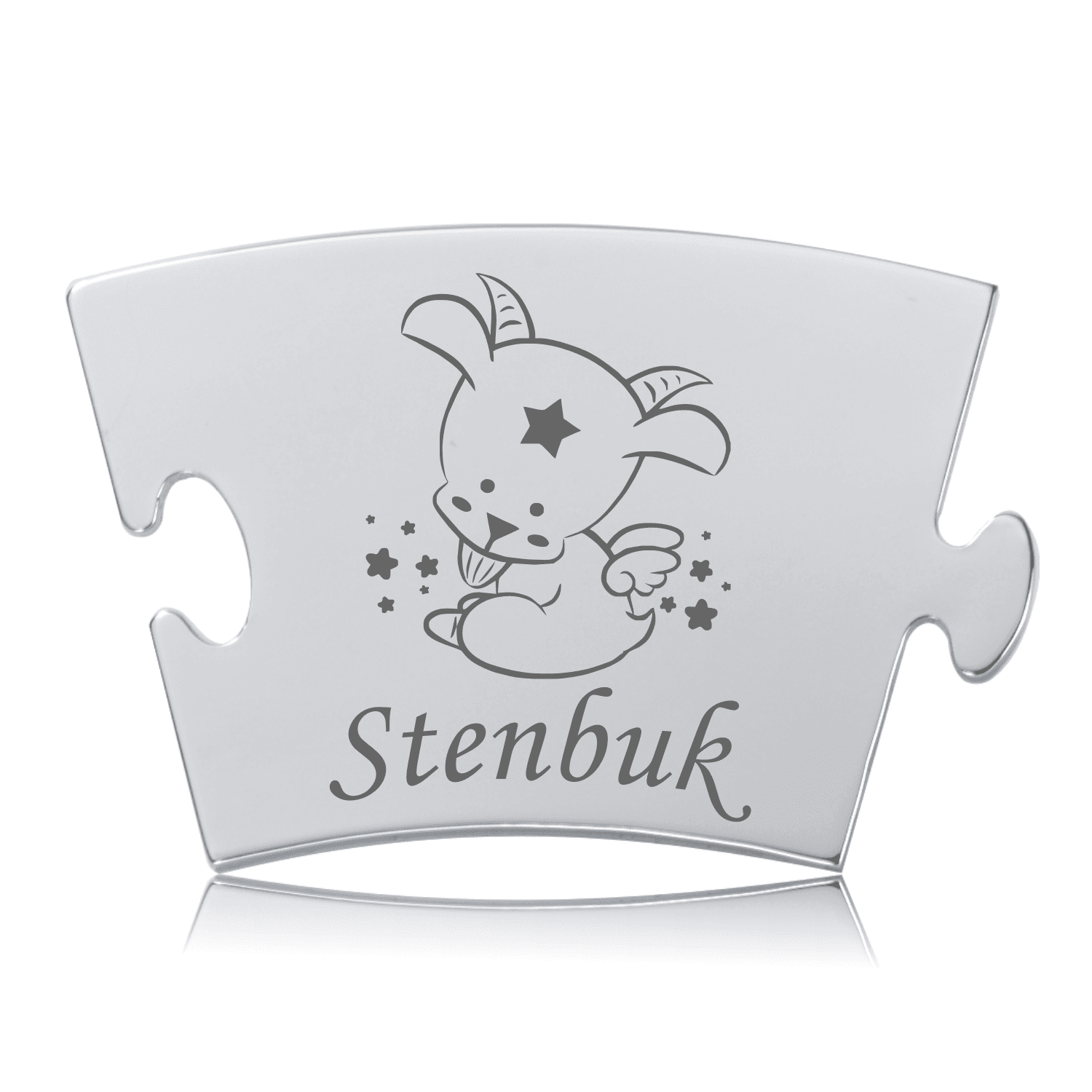 Memozz Classic Stenbuk brik i poleret rustfri stål med graveret stjernetegn figur og tekst.