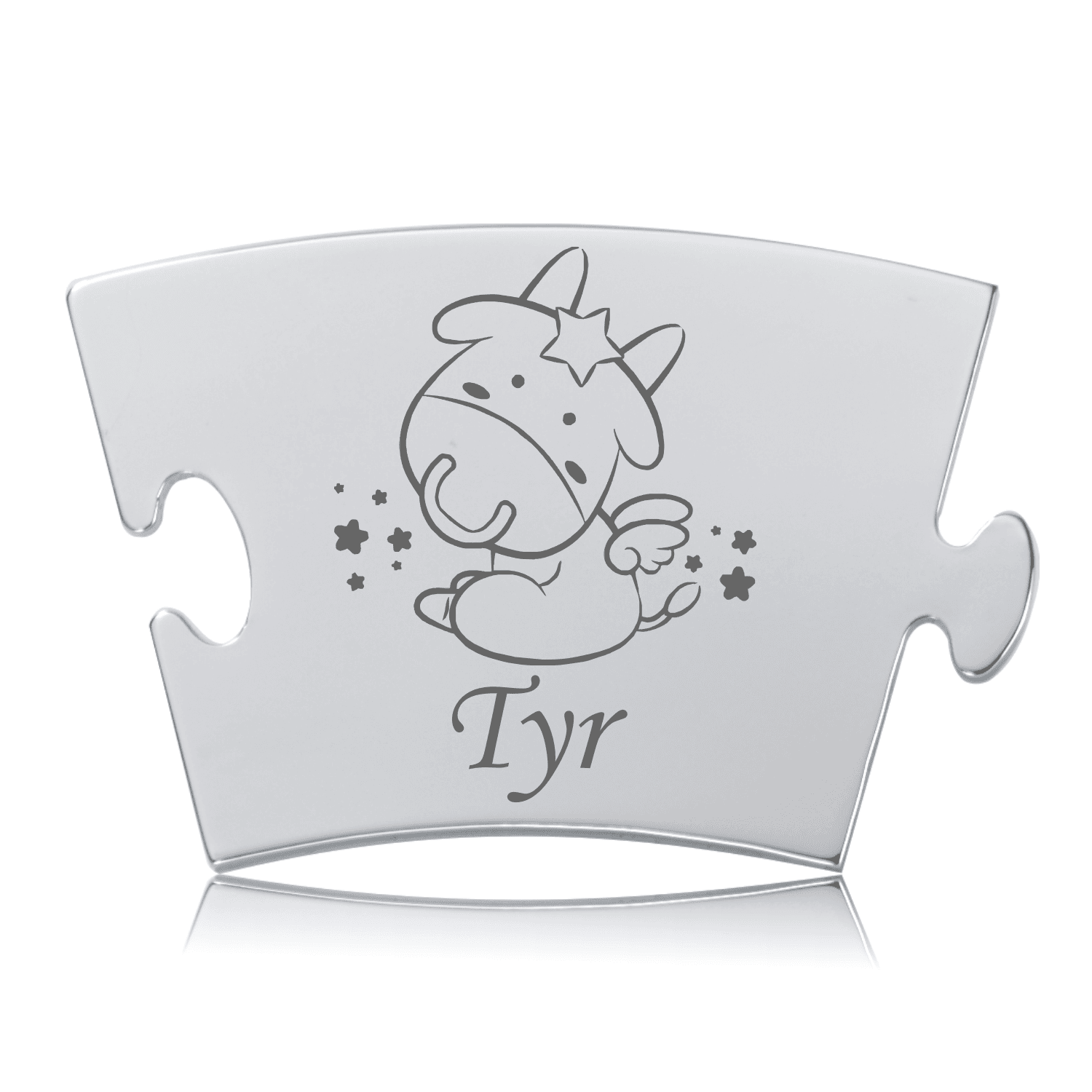 Memozz Classic puslespilsbrik i rustfrit stål med gravering af tyrekalv og teksten "Tyr" omgivet af stjerner