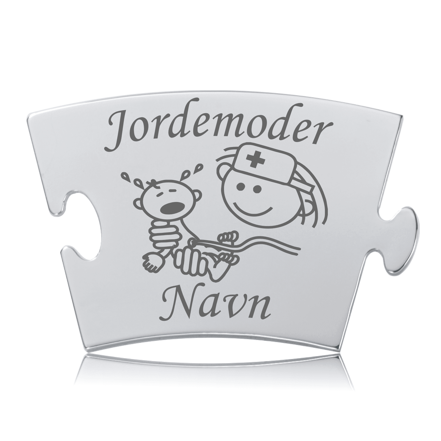 Memozz Classic "Jordemoder" brik i rustfrit stål med gravering af jordemoder og baby samt plads til navn