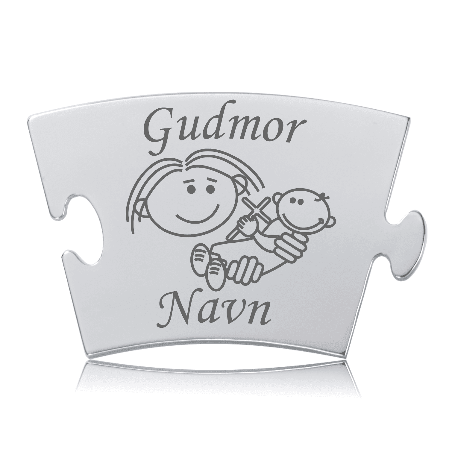 Memozz Classic "Gudmor - Model Puzle" brik i håndpoleret rustfri stål med lasergravering af en figur der holder et barn