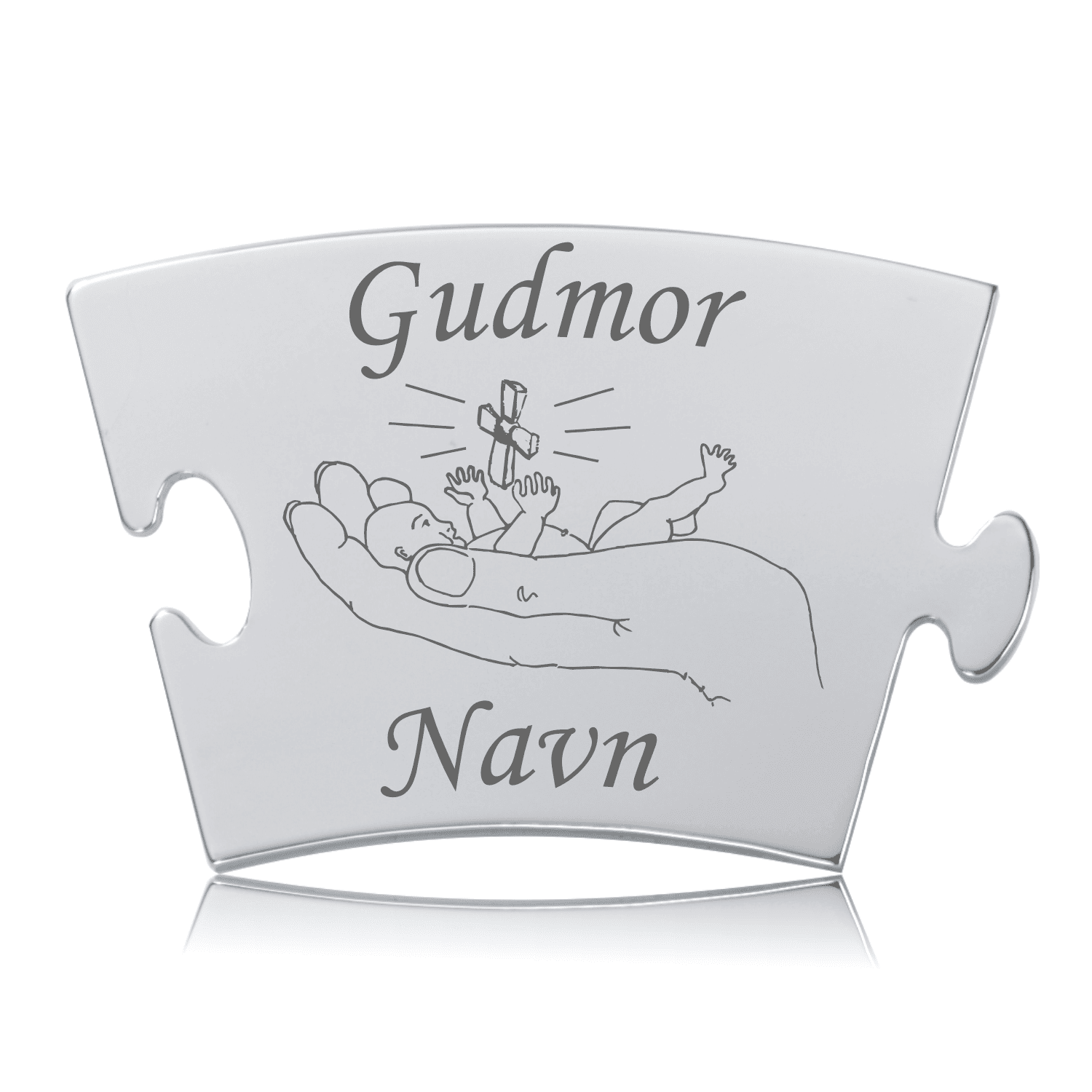 Memozz Classic brik "Gudmor - Model Hånd" i sølvfarvet stål med gravering af et barn i en hånd og et kors