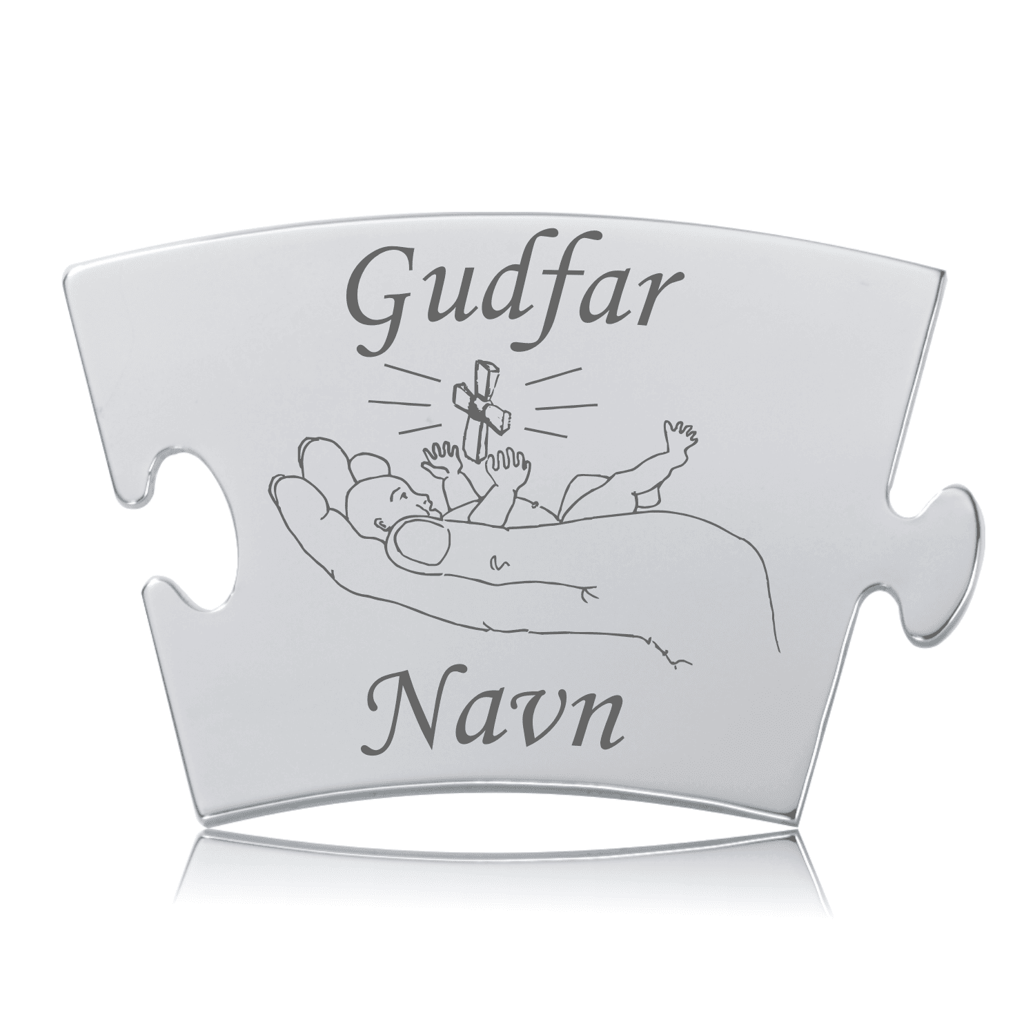 Memozz Classic brik "Gudfar - Model Hånd" i poleret rustfrit stål med mørk lasergravering. Viser en hånd der holder et spædbarn.