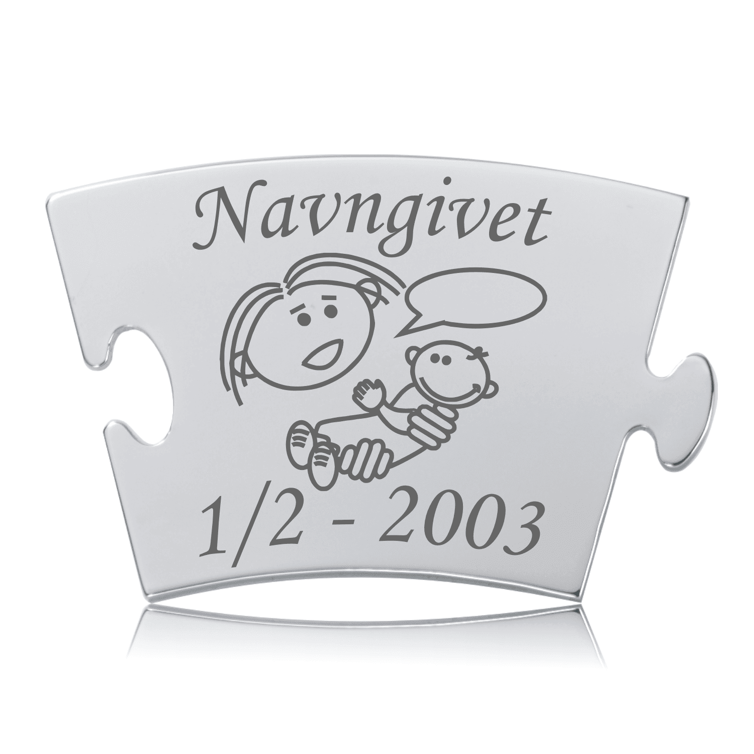 Memozz Classic brik med gravering af "Navngivet" og illustration af forælder og barn, i håndpoleret rustfrit stål