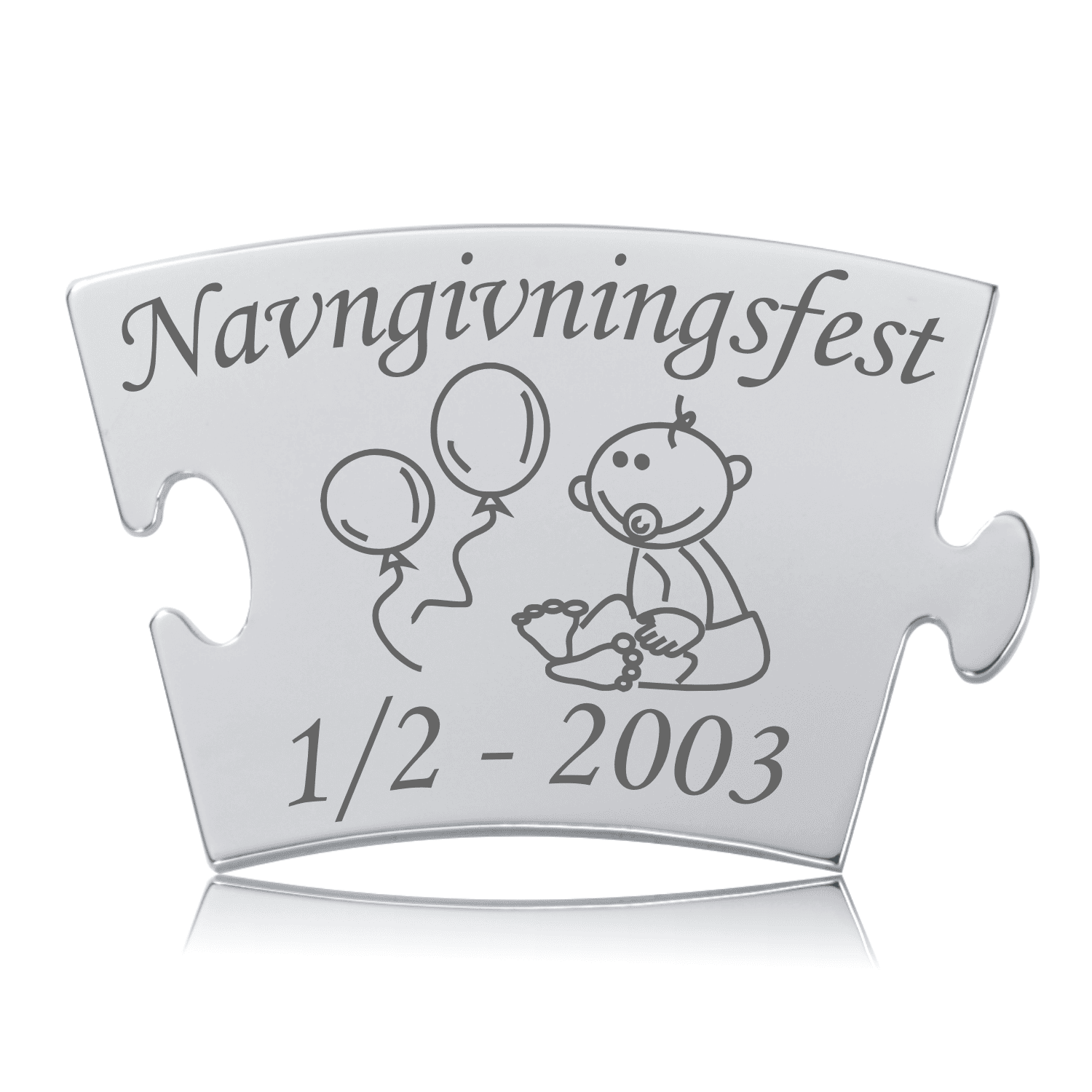 Blankpoleret rustfri stålbrik til Memozz Classic mindetavle med lasergraveret tekst "Navngivningsfest", baby og balloner.