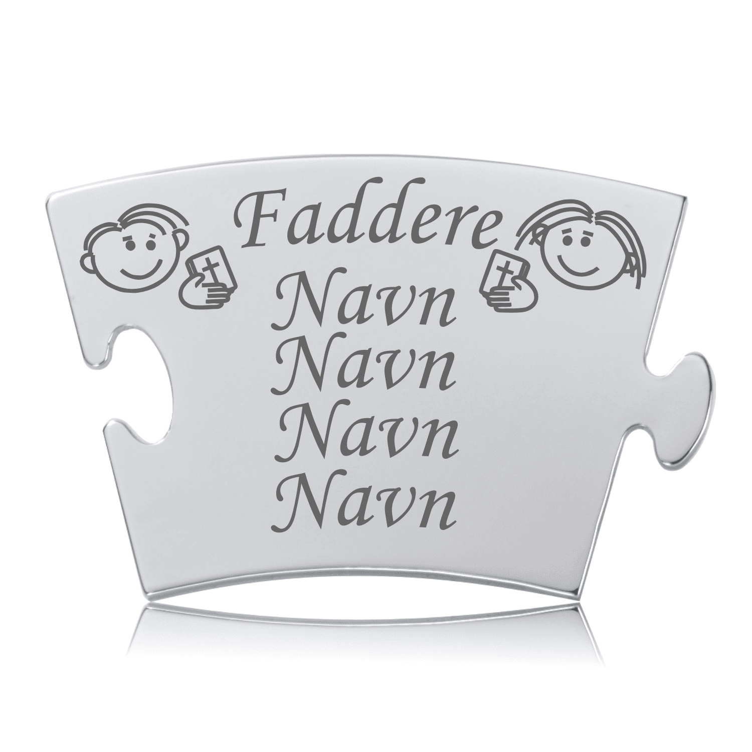 Faddere Memozz Classic brik i håndpoleret rustfrit stål med mørkegraverede navne og illustrationer af børn
