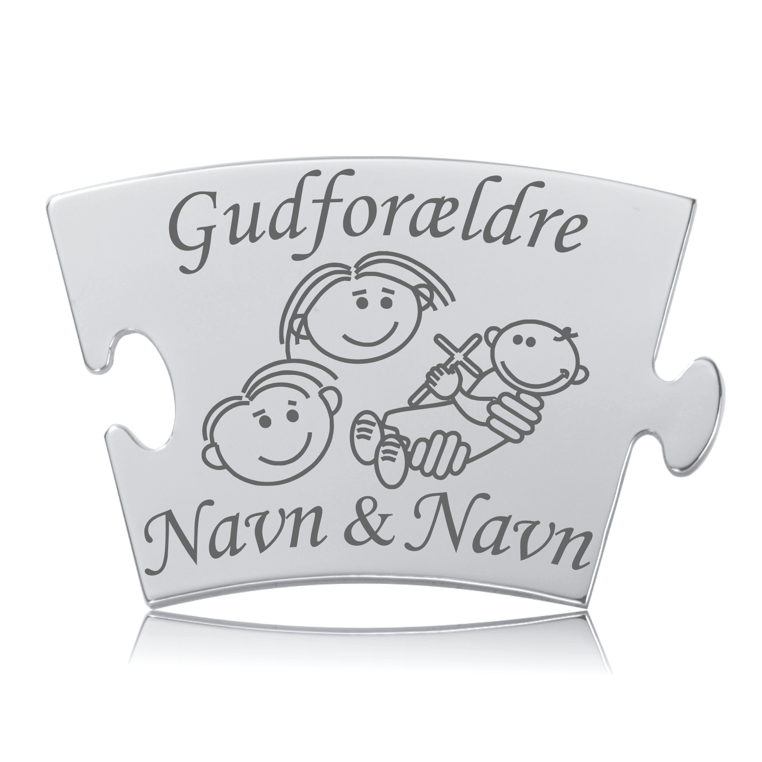Gudforældre Memozz Classic Brik – Personlig Gaver til Gudforældre Memozz Classic brik med teksten "Gudforældre" og sød illustration af to voksne og et barn, samt plads til navne, i skinnende rustfrit stål.