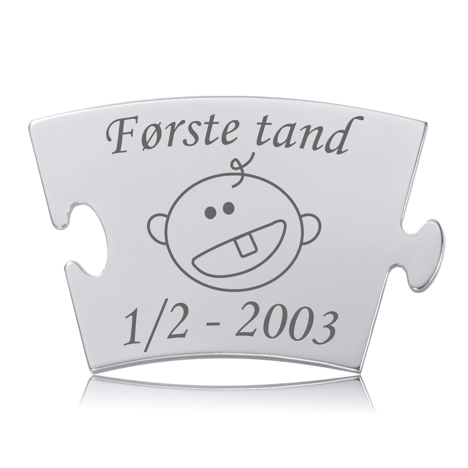 Memozz Classic brik "Første tand" i poleret rustfrit stål med gravering af babyansigt og tand