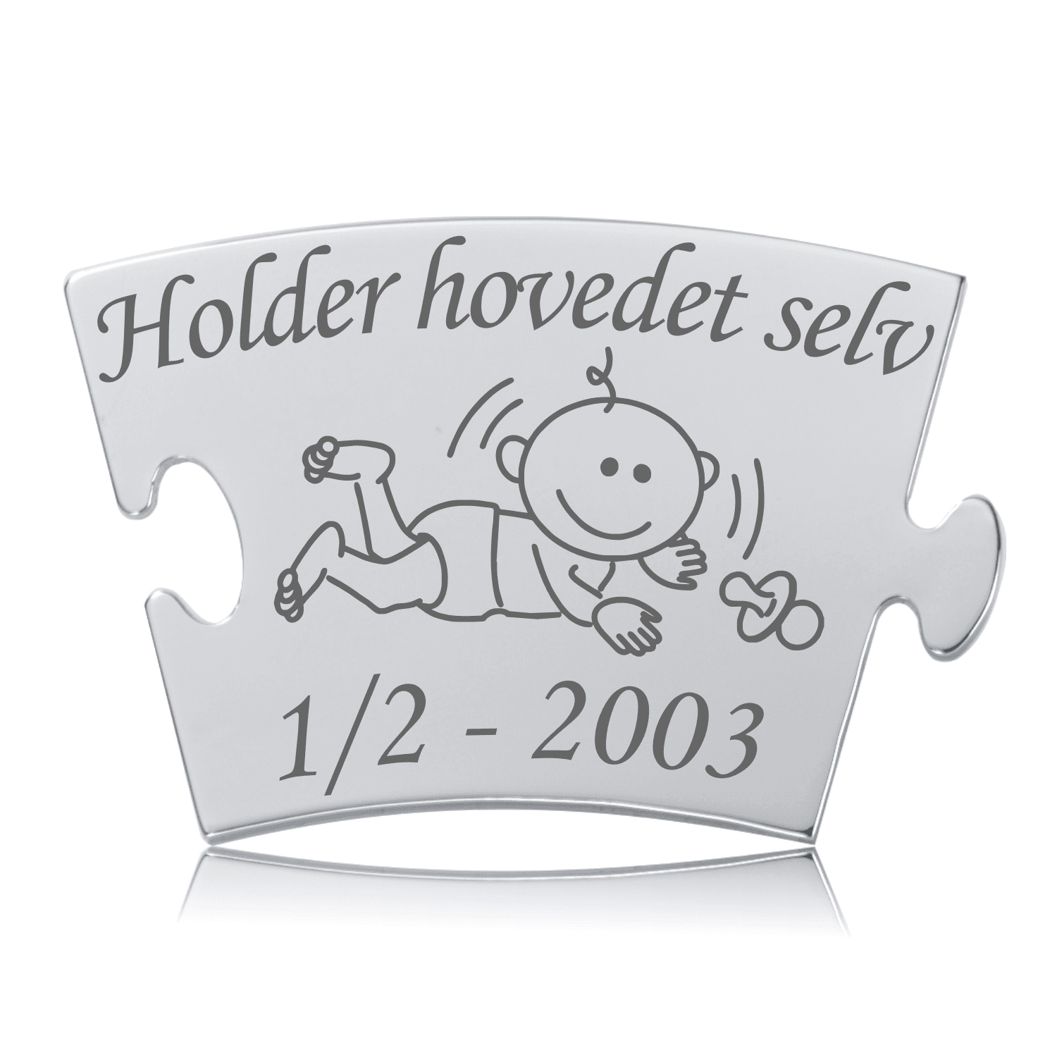 Memozz Classic brik "Holder hovedet selv" i rustfrit stål med gravering af kravlende baby