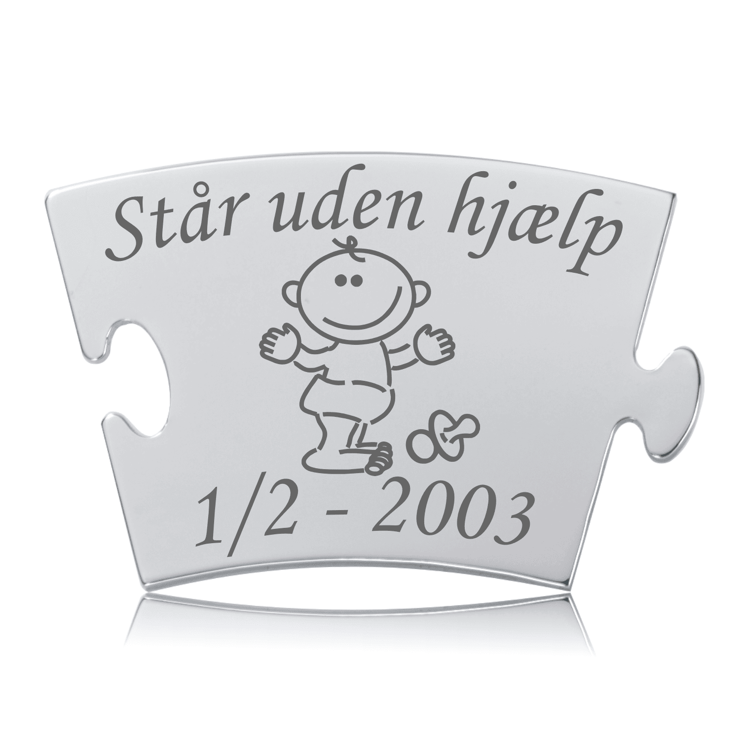 Memozz Classic brik med teksten "Står uden hjælp" og motiv af et smilende barn