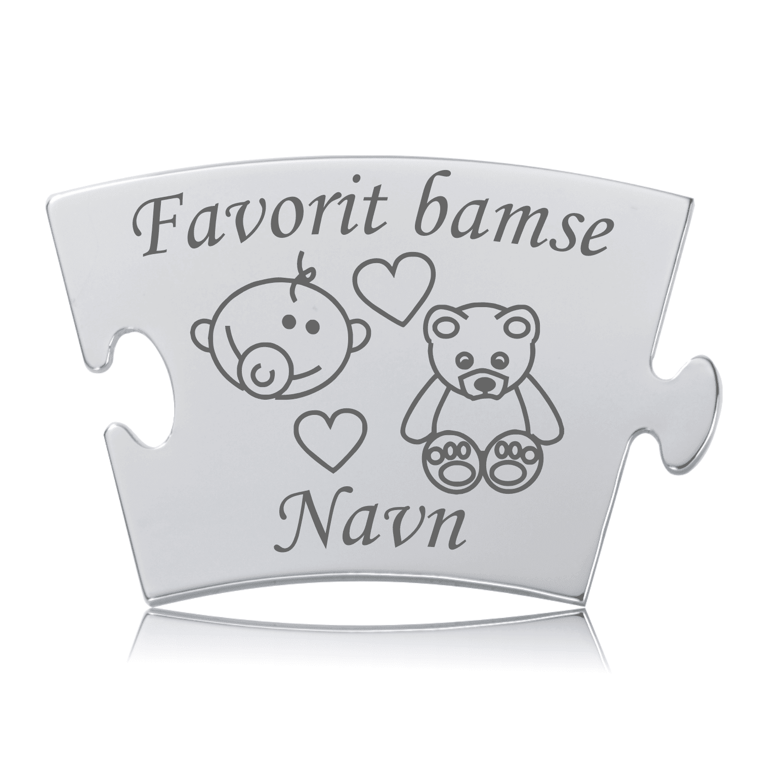 Memozz Classic brik med gravering af babyansigt, hjerte, bamse og teksten "Favorit bamse"