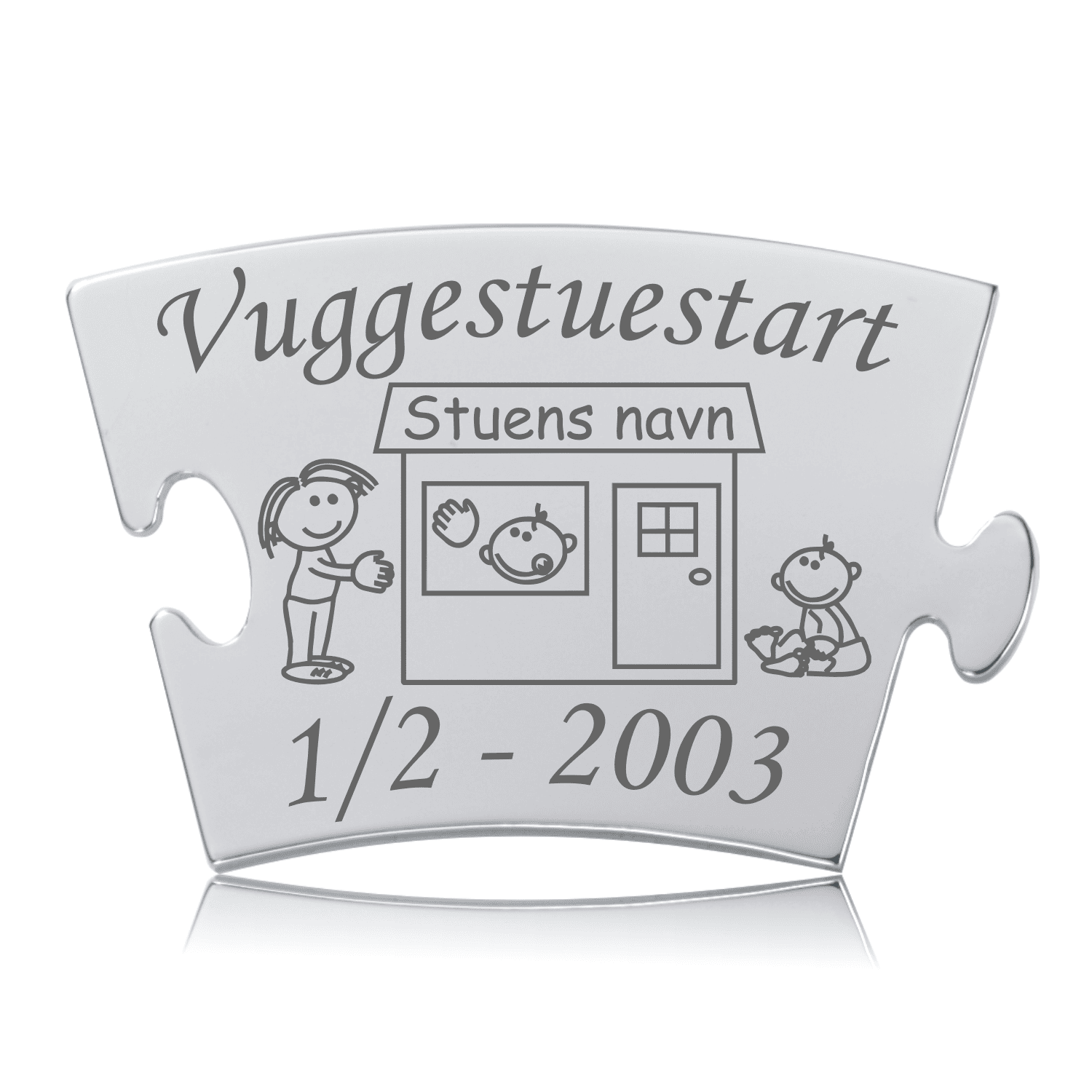 Memozz Classic "Vuggestuestart" brik i poleret rustfrit stål med lasergravering af vuggestuemiljø og børn