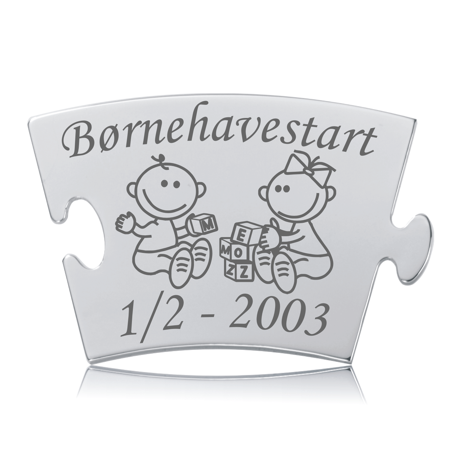 Memozz Classic mindebrik, "Børnehavestart" i poleret rustfrit stål med lasergraverede børnefigurer