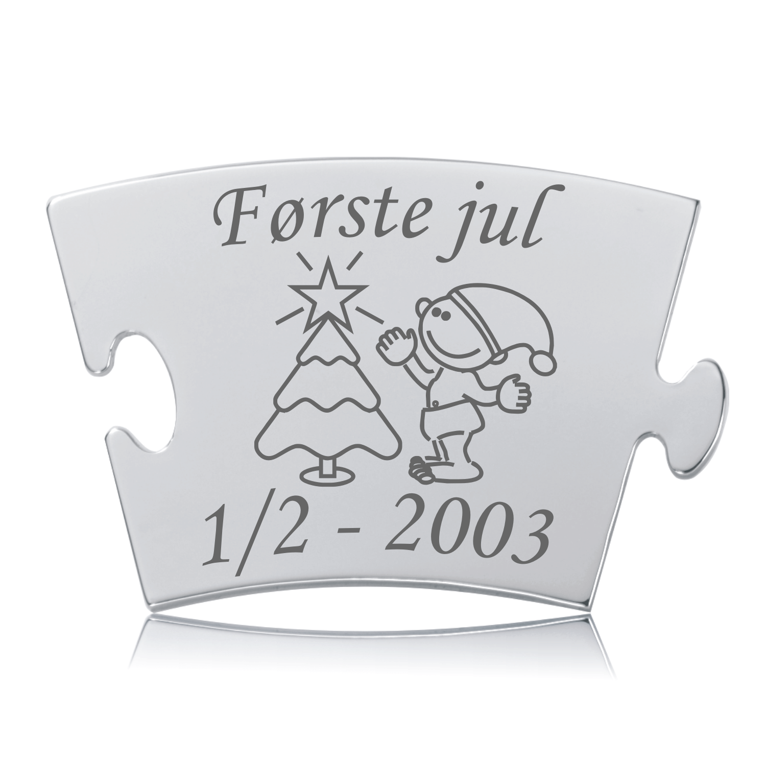 Memozz Classic brik "Første jul - Model Træ" i rustfri stål med gravering af juletræ og nisse