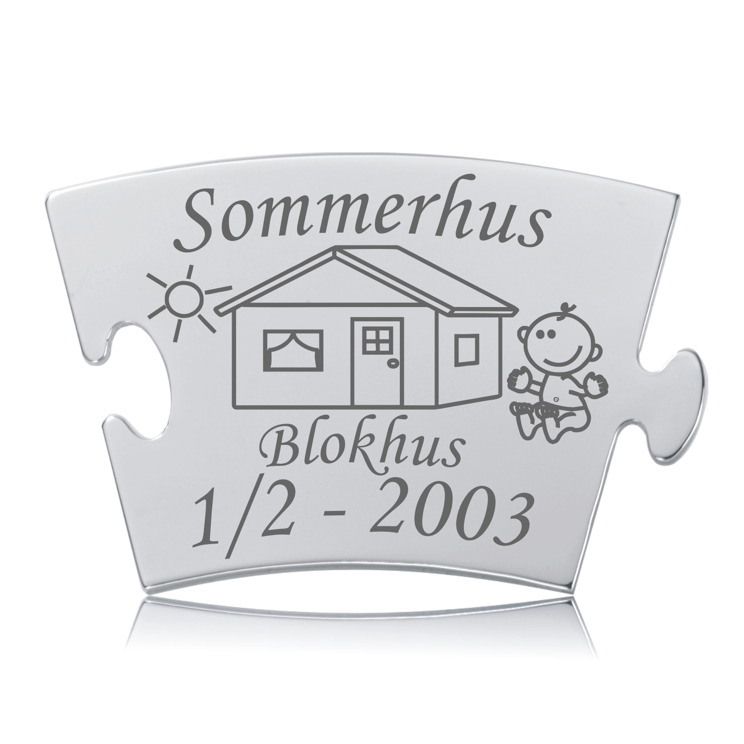 Memozz Classic brik i rustfrit stål med graveret sommerhus, sol og baby-motiv