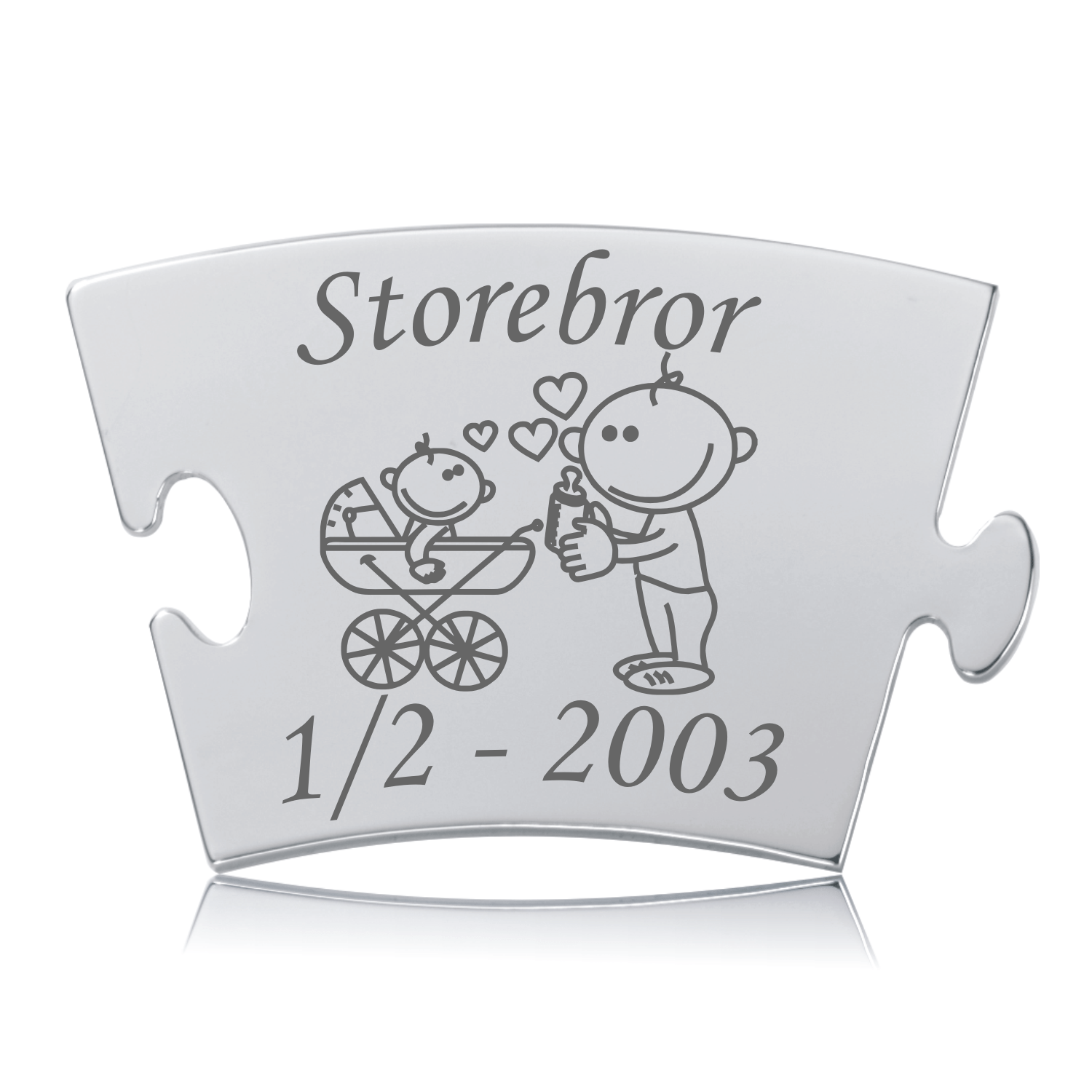 Storebror Memozz Classic Mindebrik Memozz Classic Storebror brik i rustfrit stål med gravering af storebror med sutteflaske og baby i barnevogn med hjerter