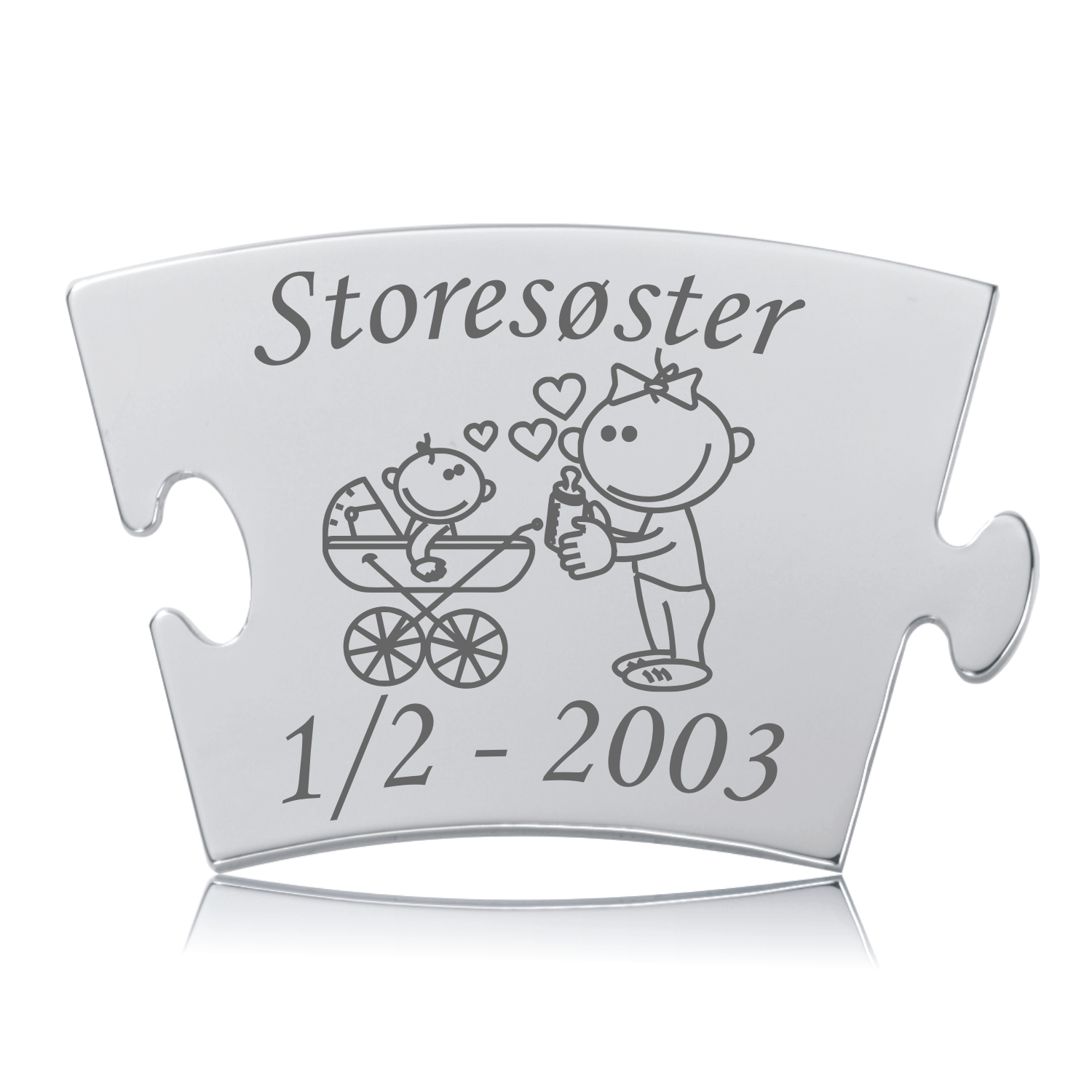 Memozz Classic Storesøster Brik Storesøster Memozz Classic brik i rustfrit stål med gravering af storesøster og baby i barnevogn
