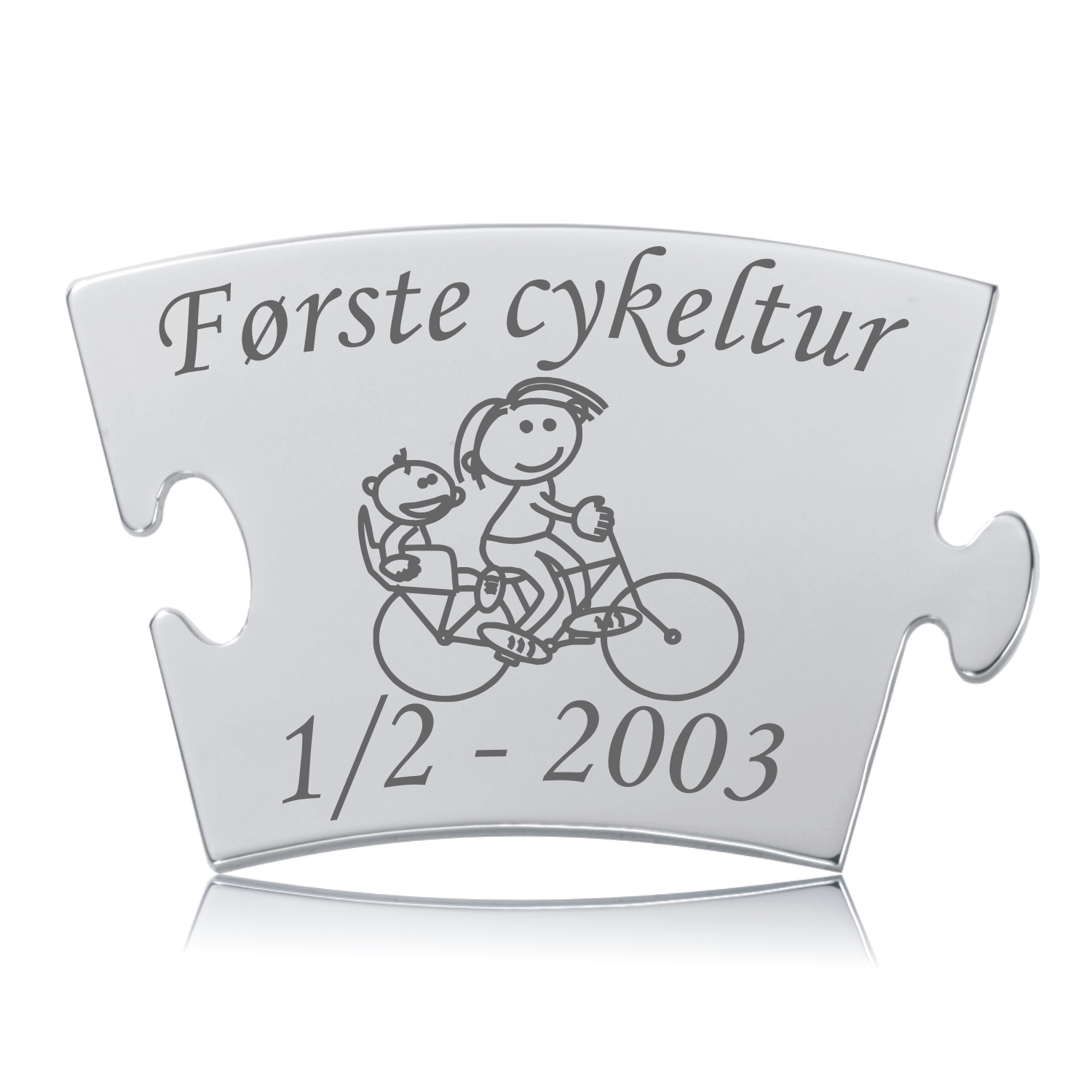 Memozz Classic brik "Første cykeltur" i blankt stål med gravering af forælder og barn på cykel