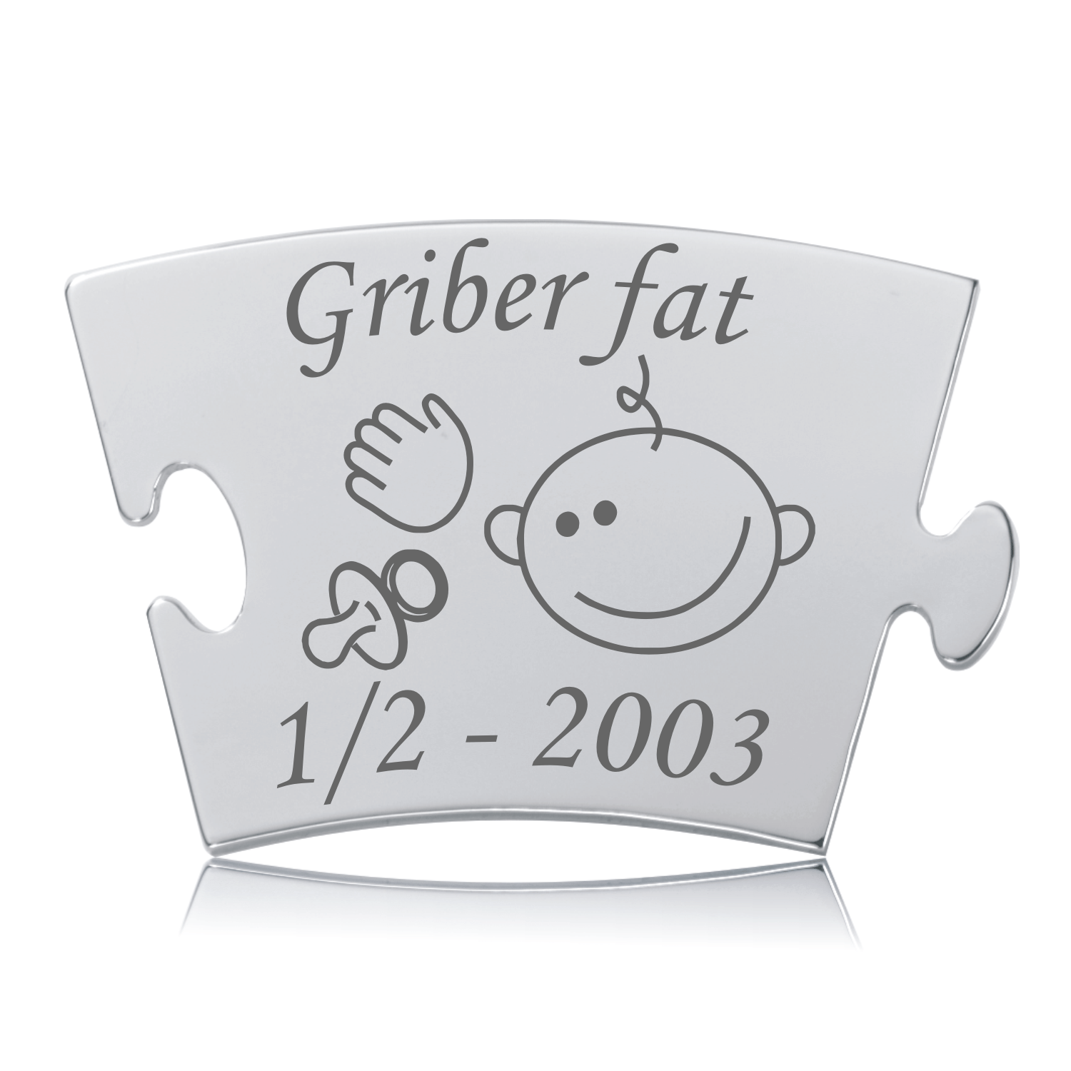 Griber fat Memozz Classic Brik Memozz Classic mindebrik "Griber fat" i skinnende rustfrit stål med lasergraveret illustration af babyansigt, sut og hånd.