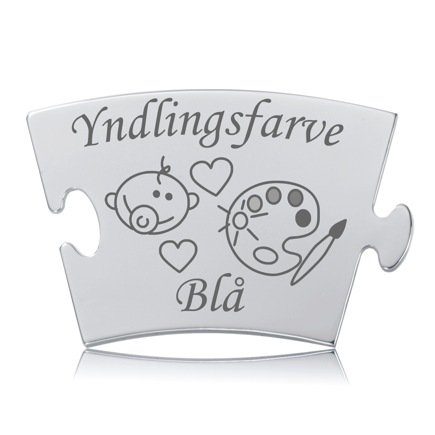Blank yndlingsfarve brik i rustfrit stål til Memozz Classic mindetavle med gravering af teksten "Yndlingsfarve Blå", en baby, hjerter og en malerpalet.