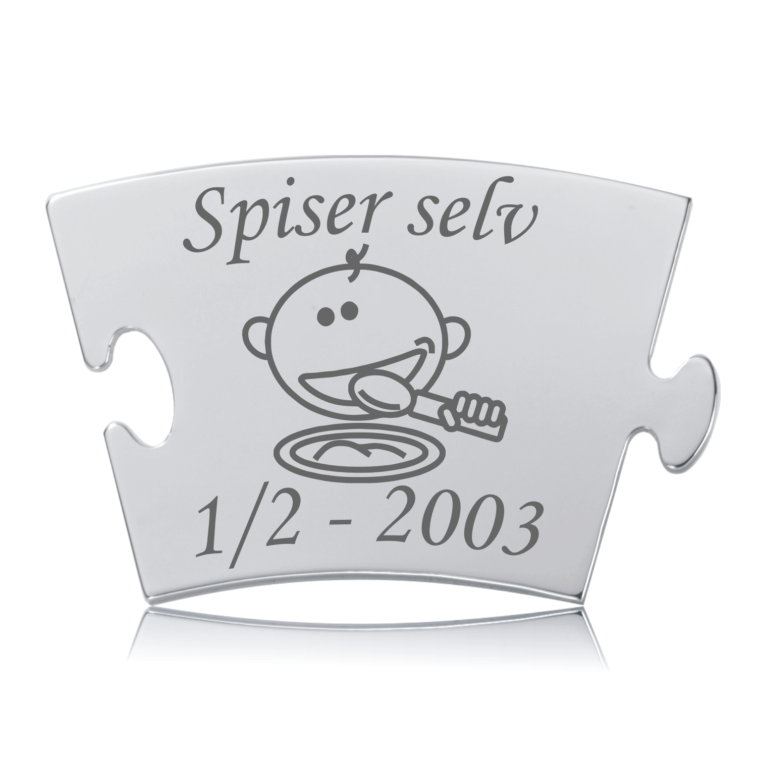Memozz Classic brik "Spiser selv" i poleret stål med gravering af spiseløst barn og tekst