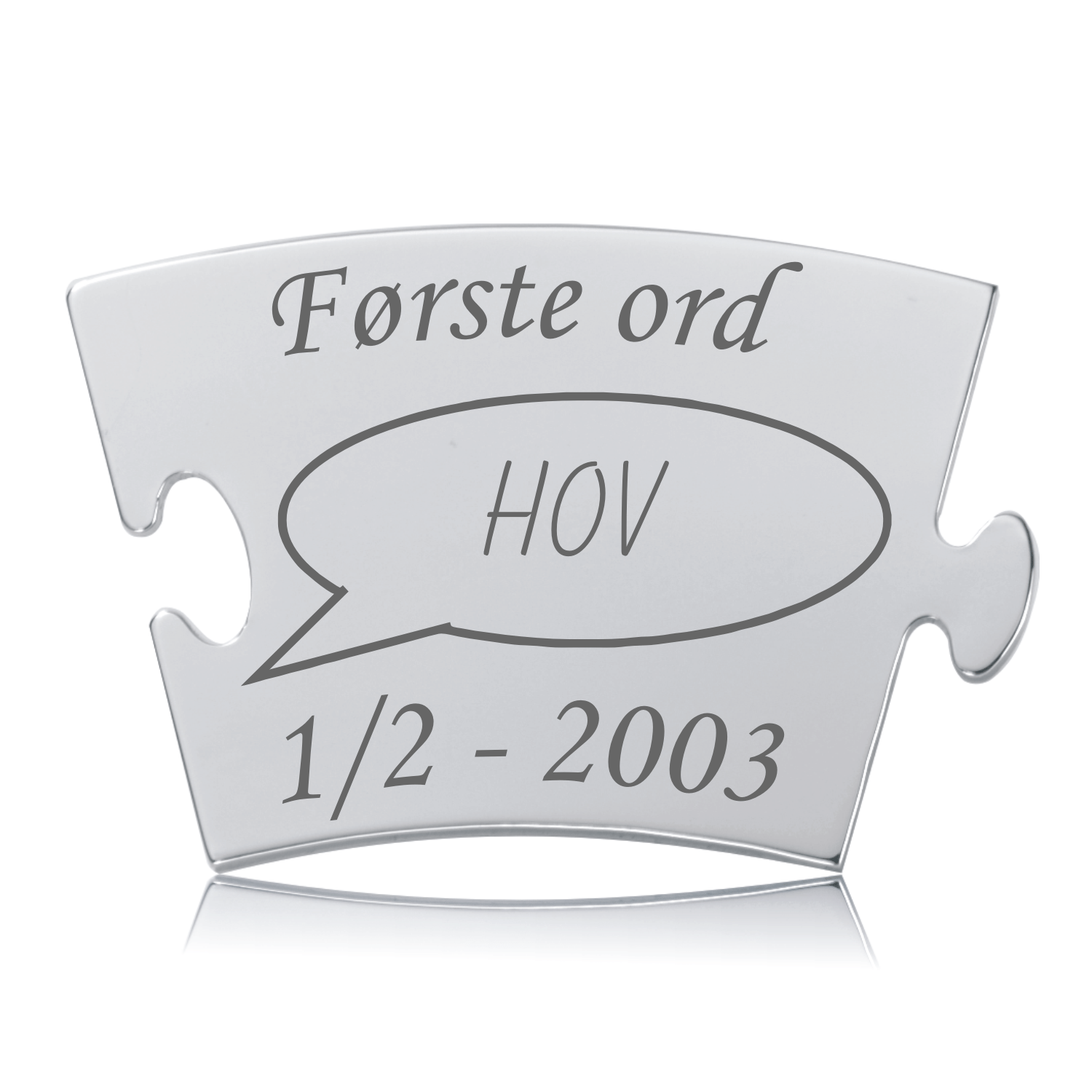 Memozz Classic "Første ord" brik i håndpoleret rustfrit stål med "Hov" i taleboble-gravering, klar til mindetavle.
