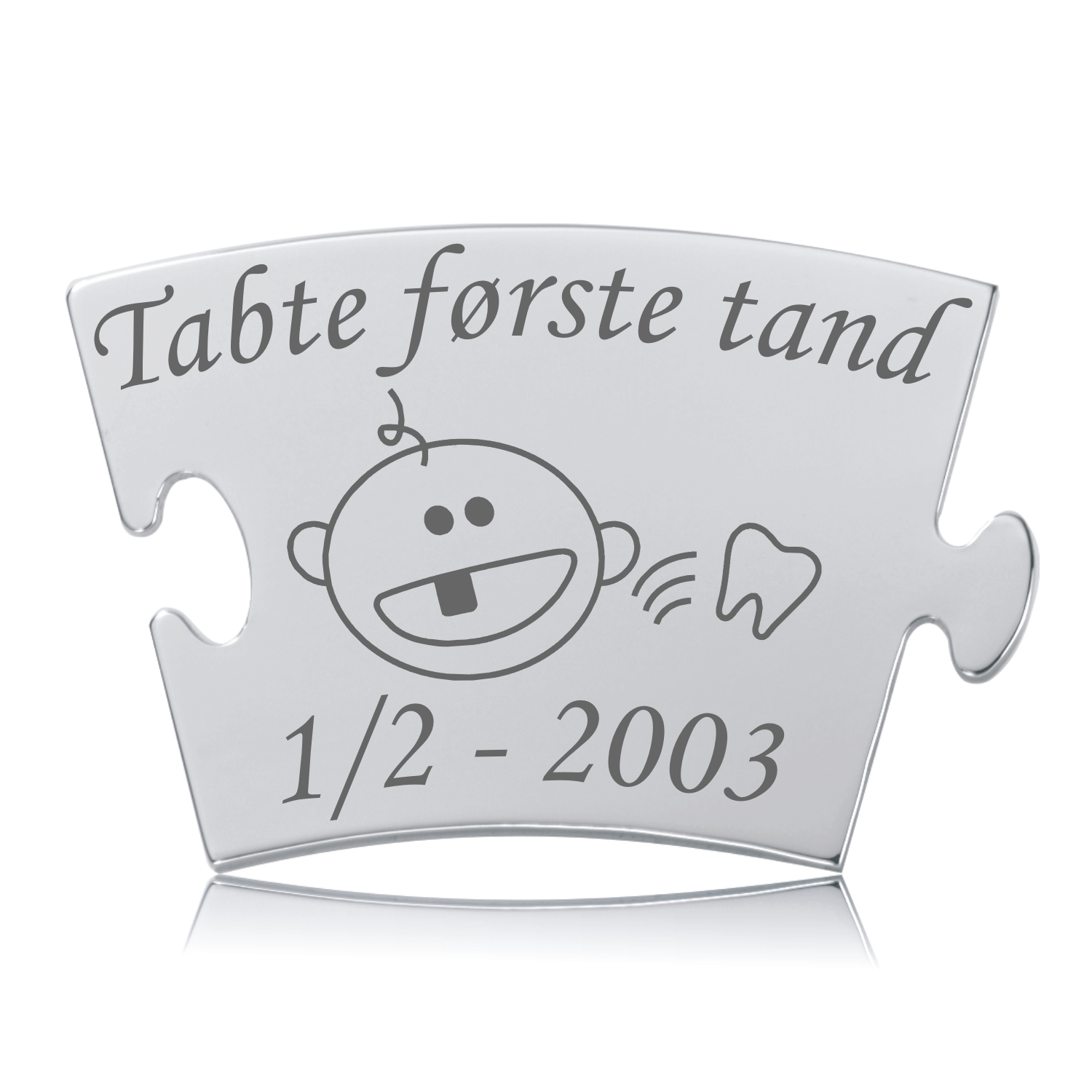 Memozz Classic brik "Tabte første tand" i rustfrit stål med graveret babyansigt og tekst