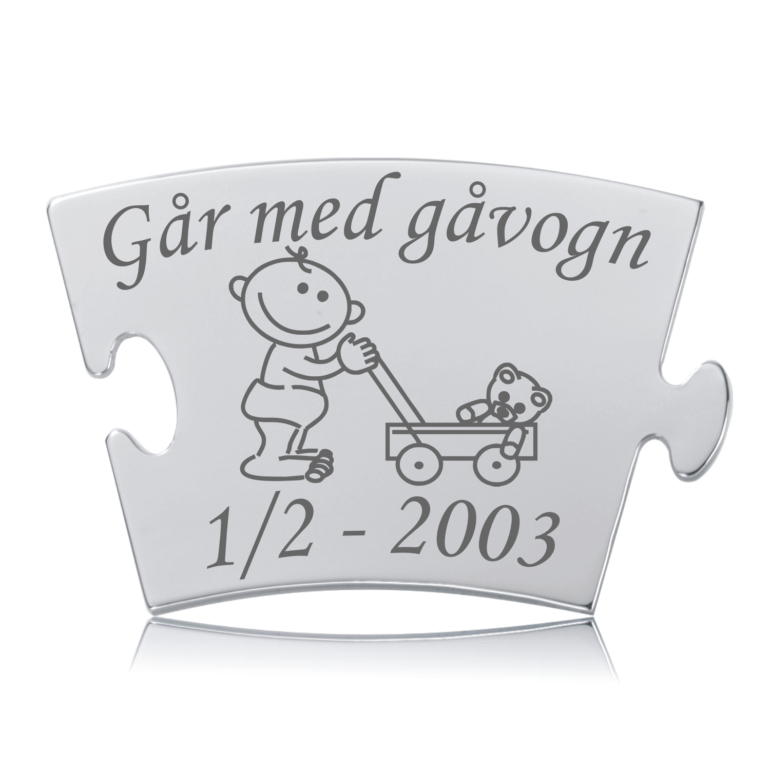 Memozz Classic brik "Går med gåvogn" i poleret rustfrit stål med lasergraveret motiv af baby og gåvogn