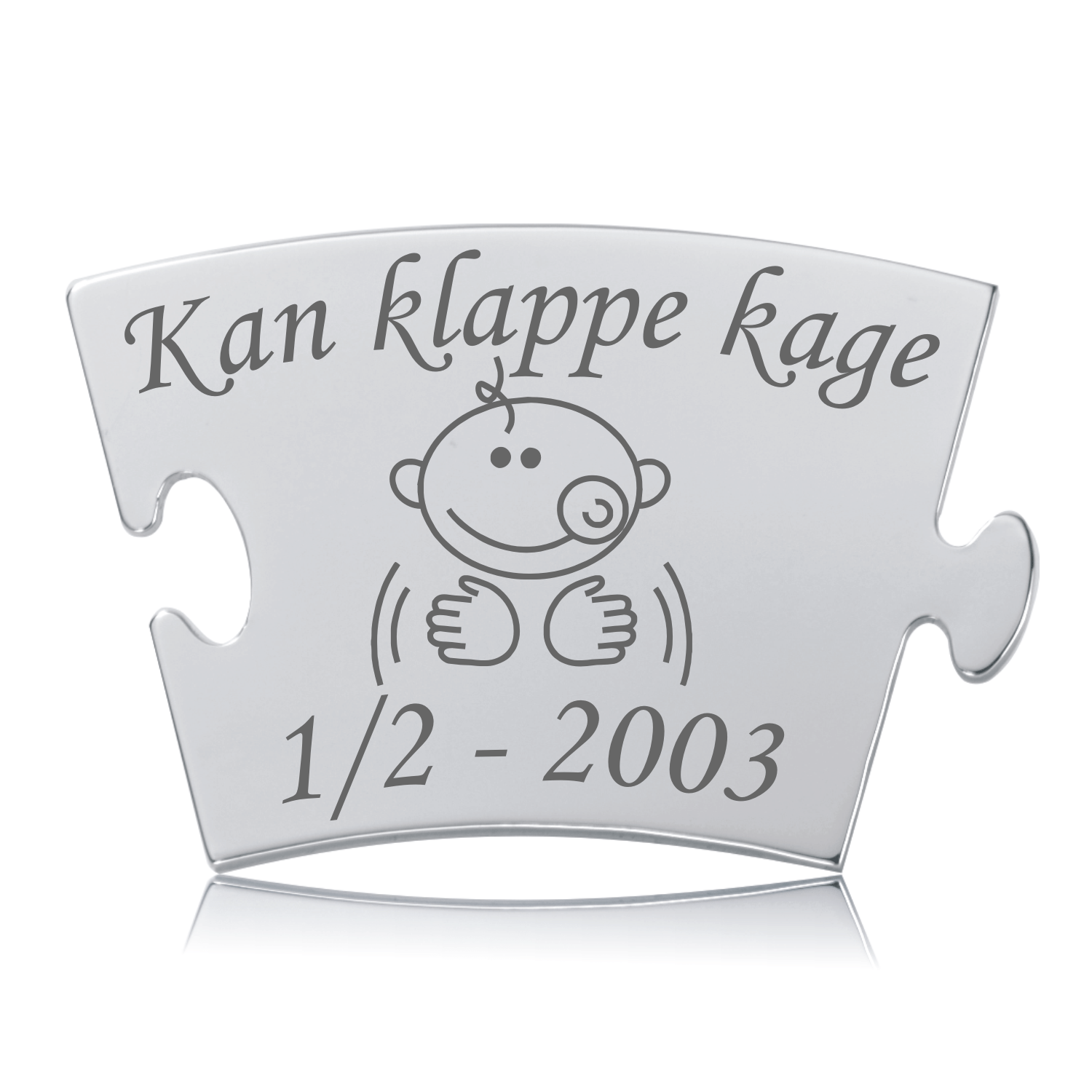 Memozz Classic brik i håndpoleret rustfri stål med gravering "Kan klappe kage" og babyillustration