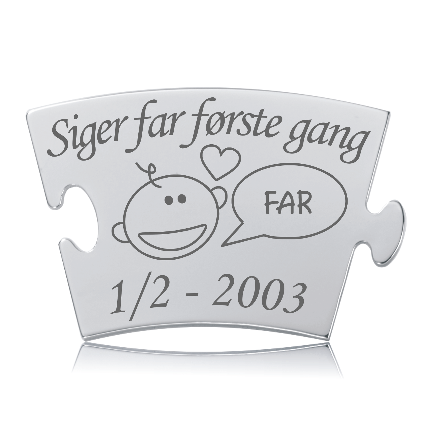 Siger Far Første Gang Memozz Brik Memozz Classic brik i rustfrit stål med graveringen "Siger far første gang" og et babyansigt.