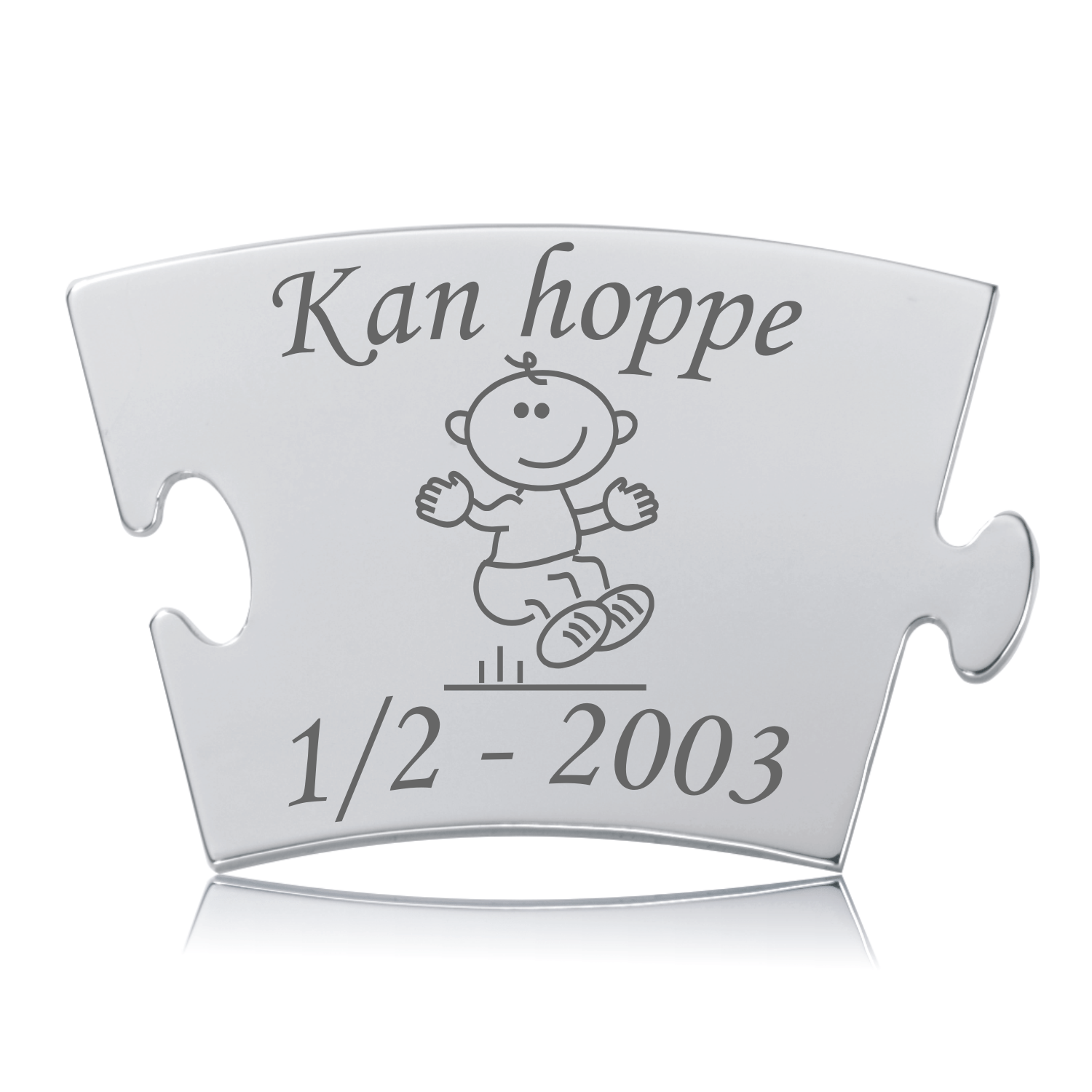 Memozz Classic mindebrik "Kan hoppe" i håndpoleret rustfrit stål med gravering af et hoppende barn