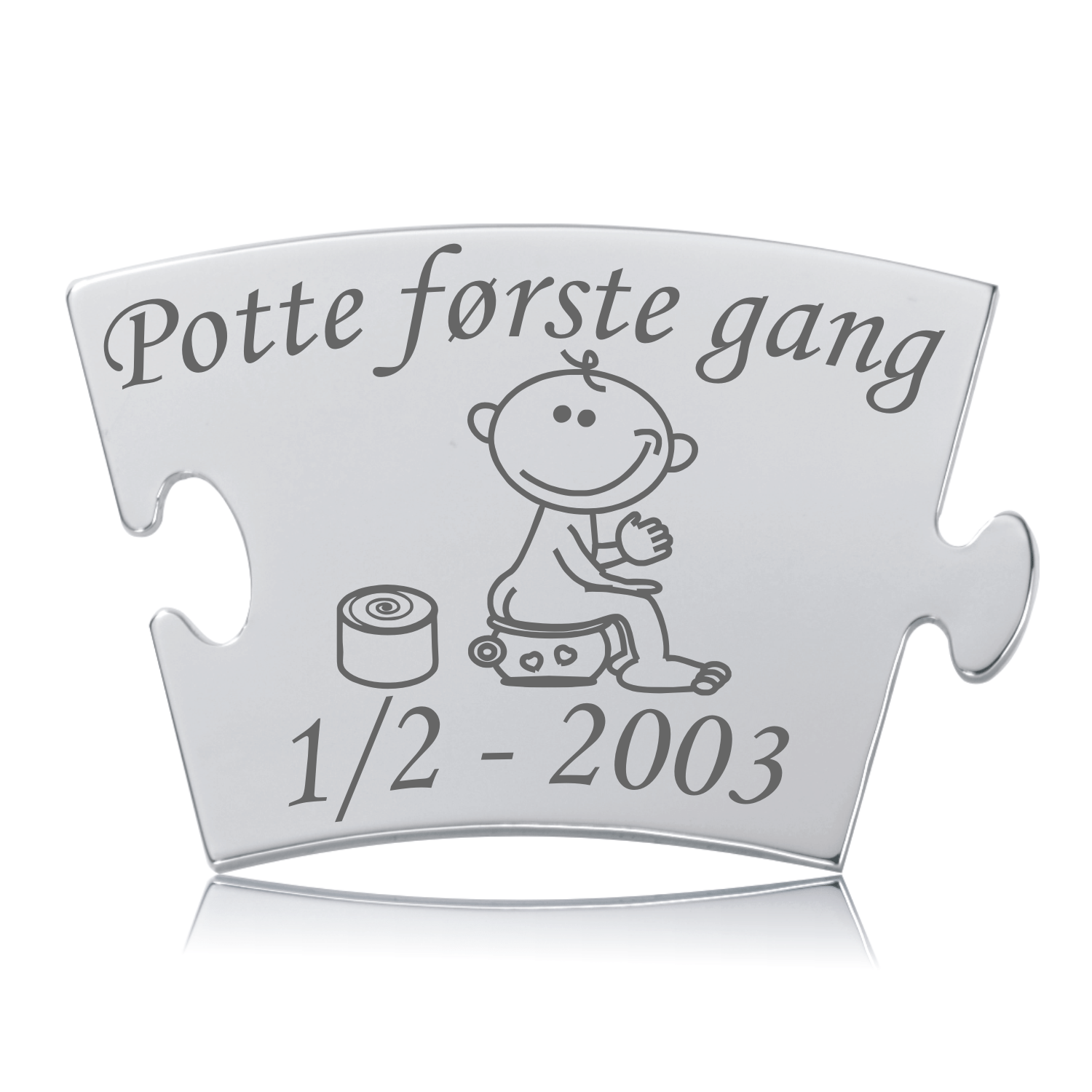 Memozz Classic brik "Potte første gang" i poleret rustfrit stål med mørk lasergravering af barn på potte og tekst