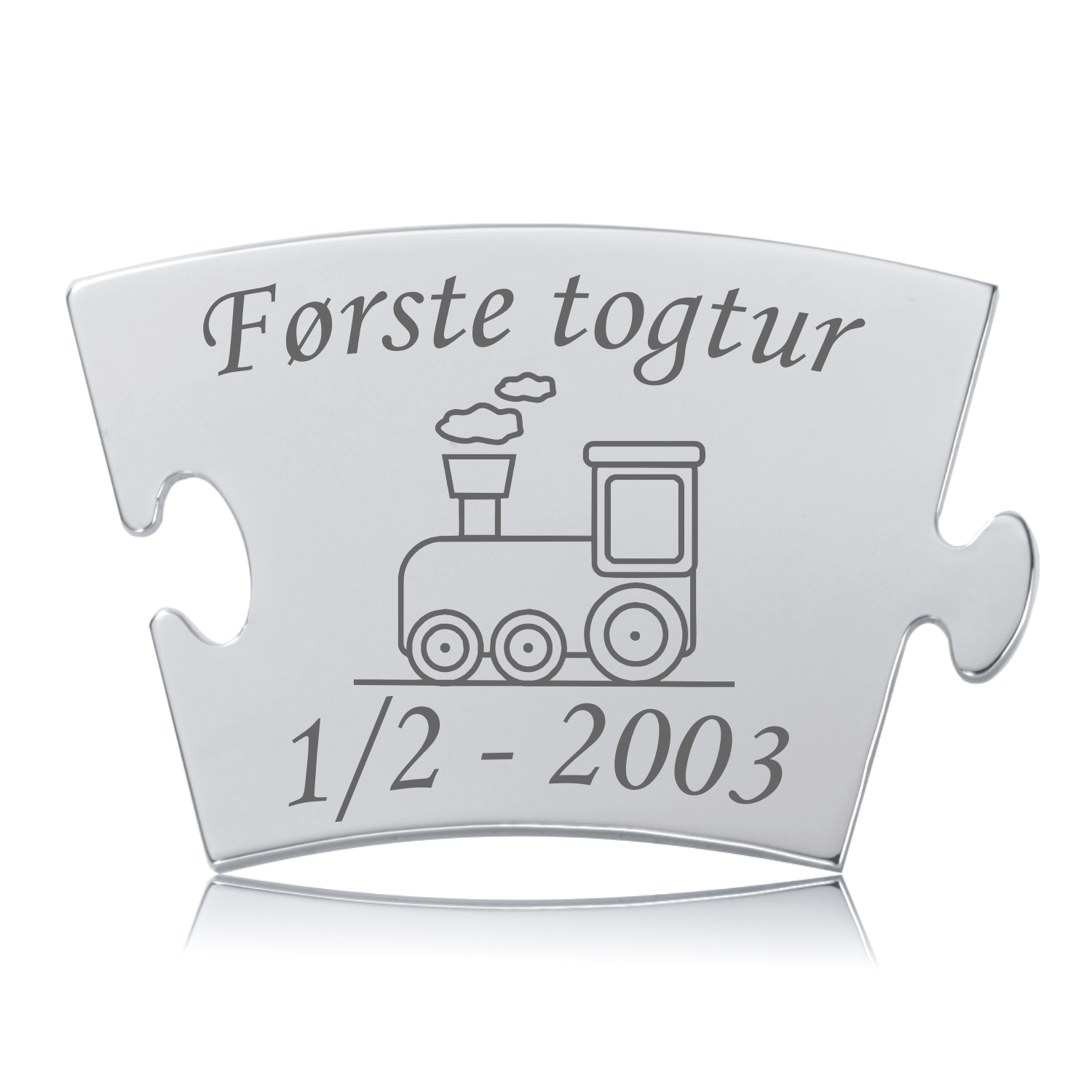 Memozz Classic brik "Første togtur" med detaljeret gravering af lokomotiv i rustfrit stål