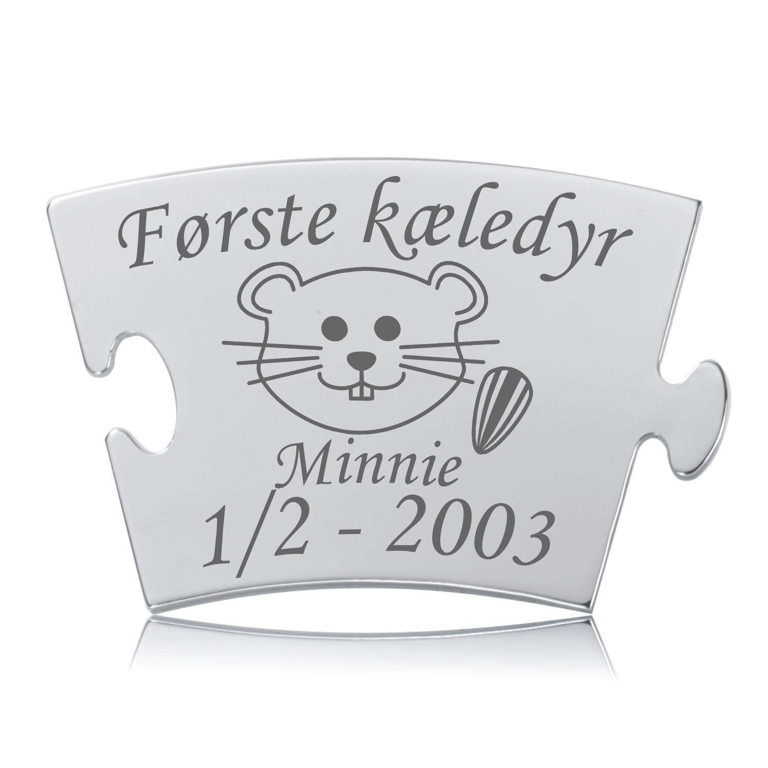 Memozz Classic mindebrik "Første kæledyr - Hamster" i poleret stål med gravering af hamster og skrift