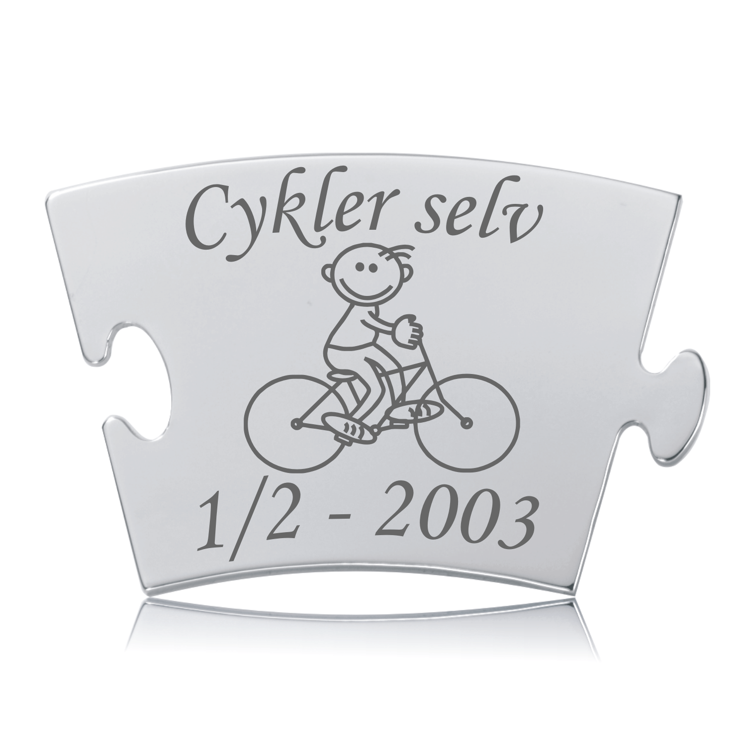 Memozz Classic Brik Cykler selv Dreng Memozz Classic brik i håndpoleret rustfri stål med gravering af en dreng der cykler og teksten "Cykler selv".