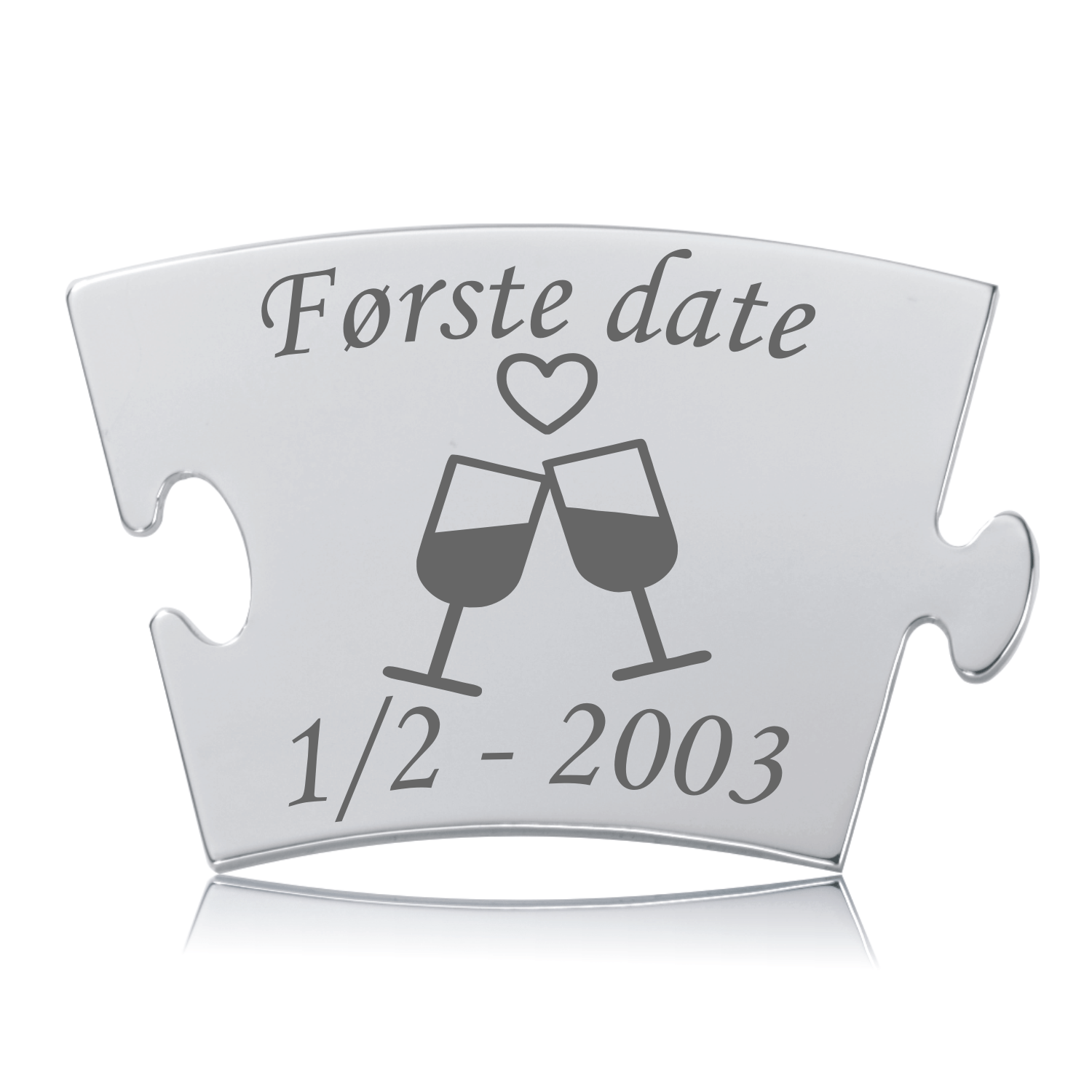 Memozz Classic brik "Første date" i rustfrit stål med gravering af to skålene glas og et hjerte