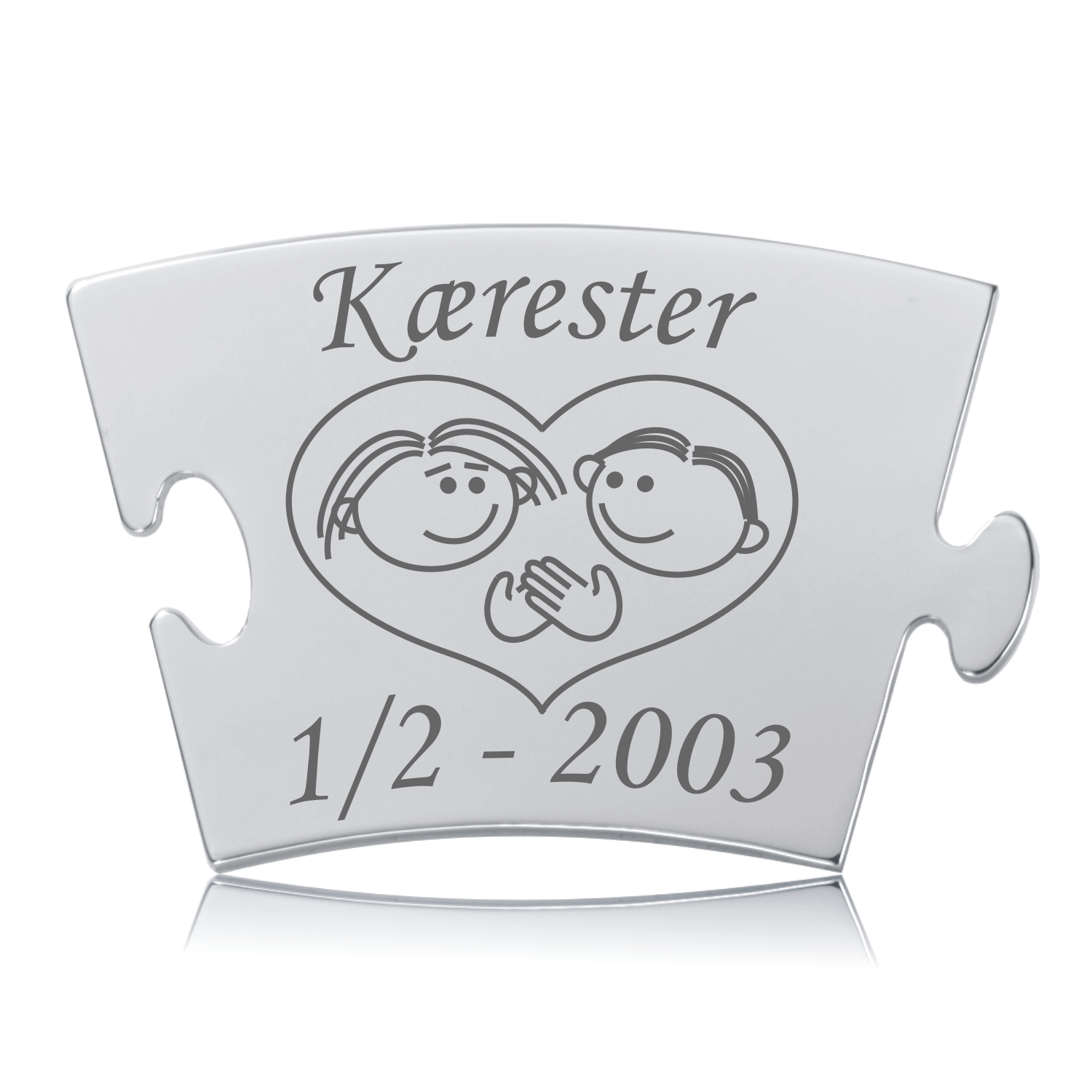 Memozz Classic brik "Kærester - Model Par" i skinnende stål med graveret hjerte og figurer