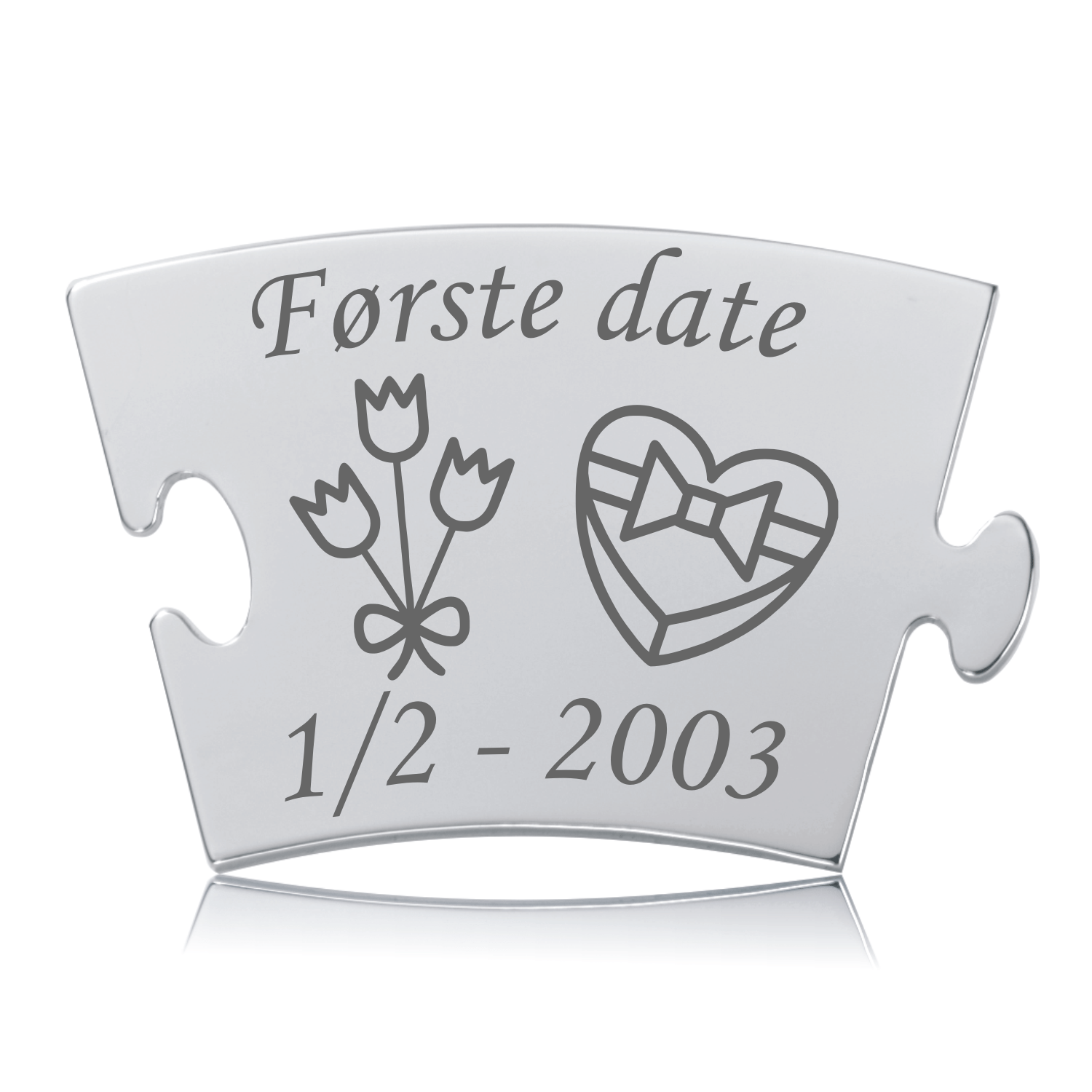 Memozz Classic brik "Første date" med lasergraverede blomster og hjerteformet gave, skinnende rustfrit stål.