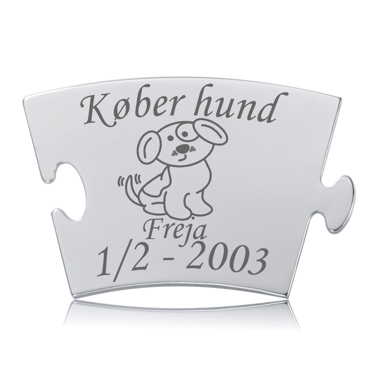Memozz Classic brik "Køber hund" i poleret stål med lasergravering af hund og tekst.