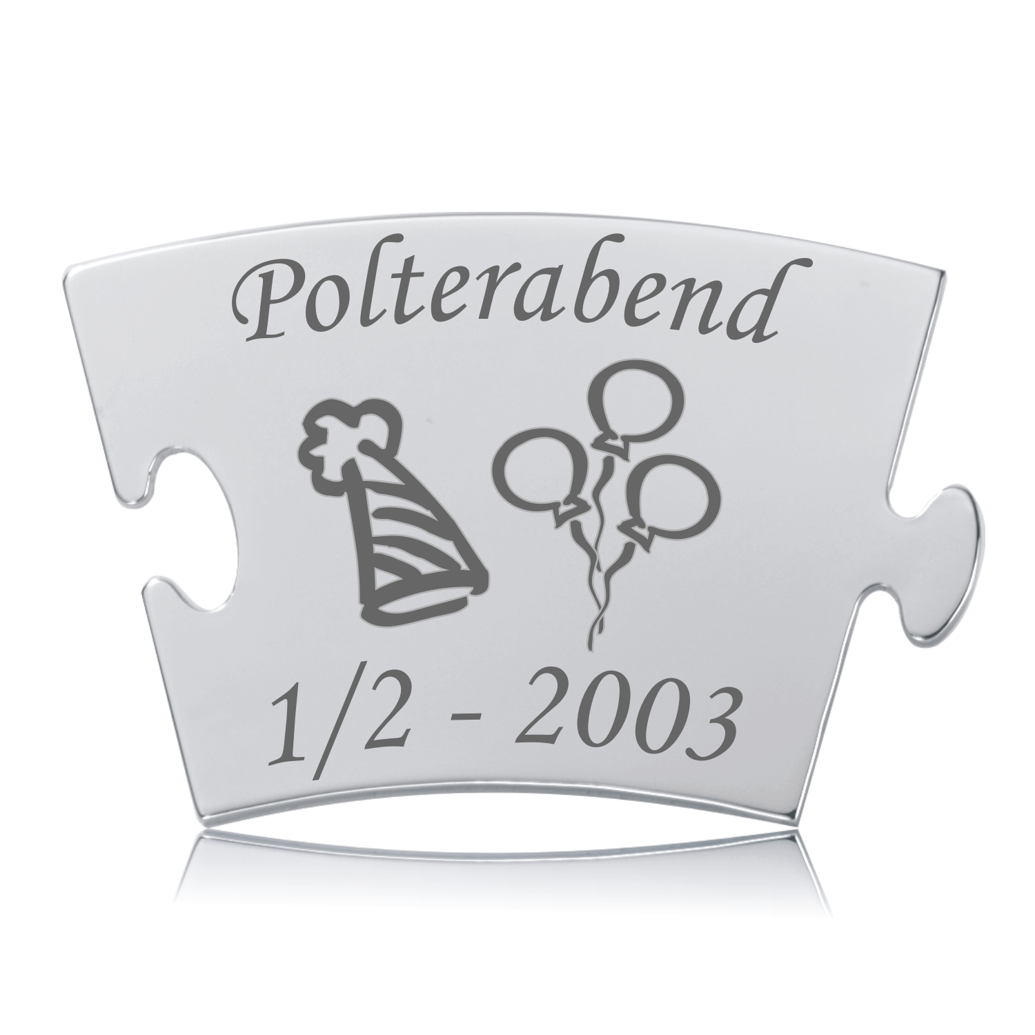 Memozz Classic brik "Polterabend" i poleret rustfrit stål med gravering af festhat og balloner