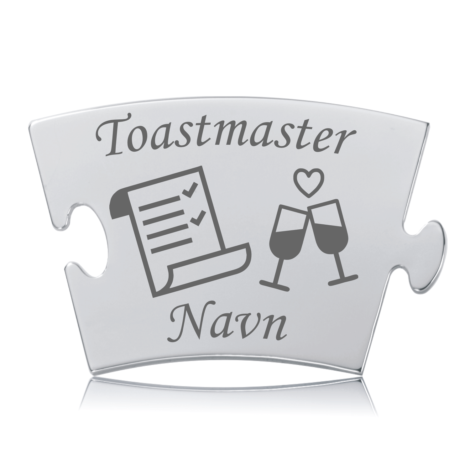 Memozz Classic brik i håndpoleret rustfrit stål med gravering af "Toastmaster", tjekliste og skålende glas