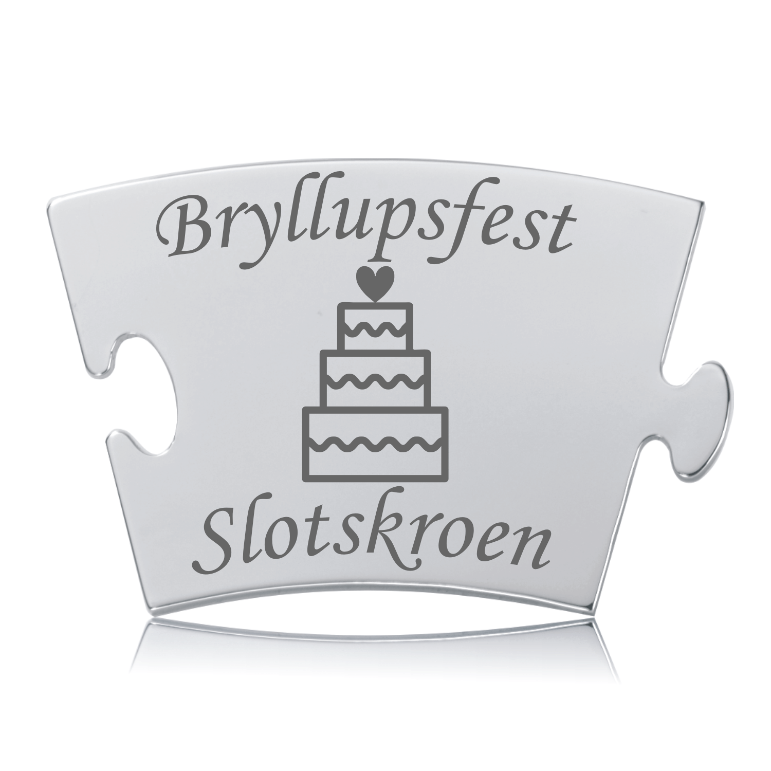 Memozz Classic brik i blankt rustfrit stål med gravering af "Bryllupsfest", en bryllupskage og "Slotskroen".