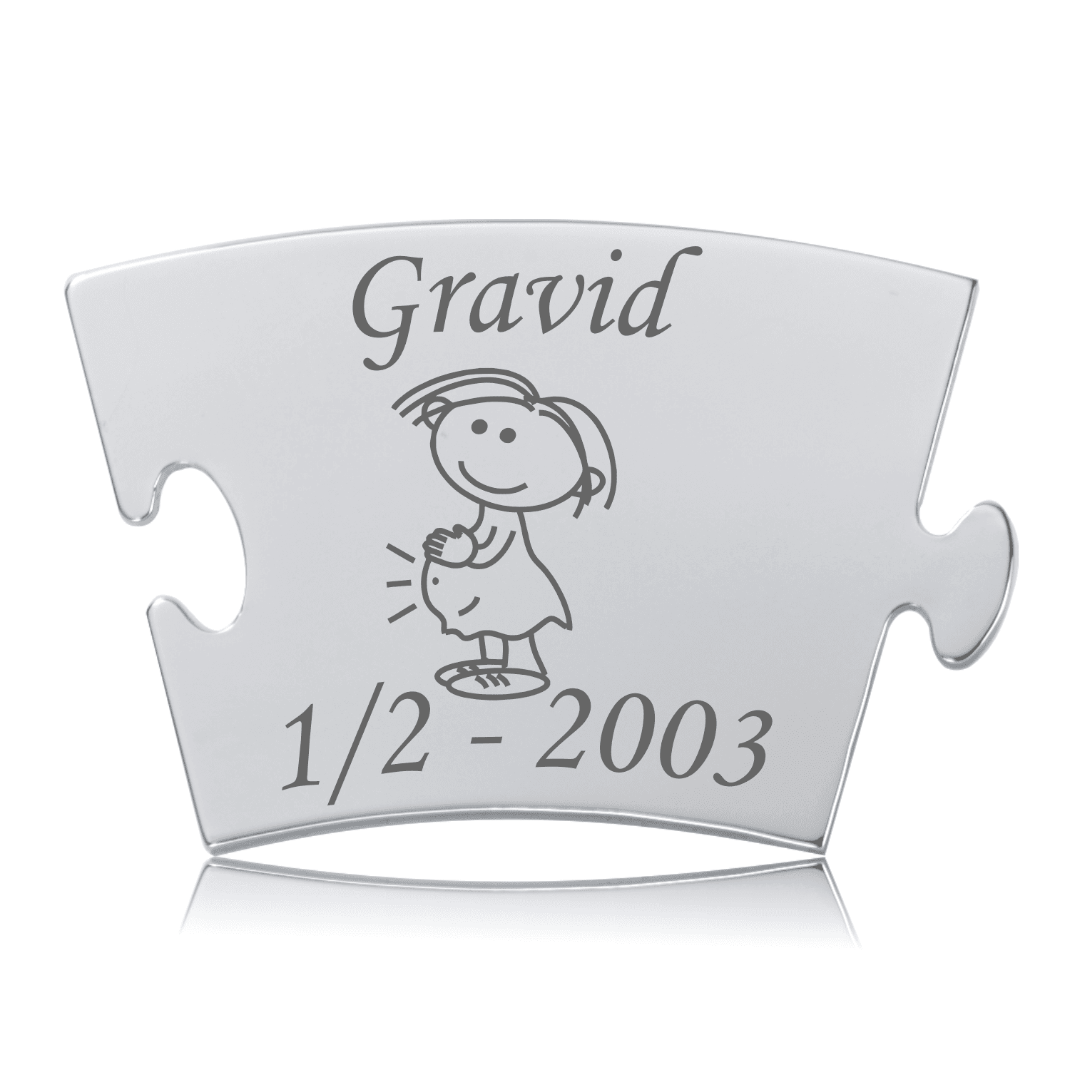 Gravid Mor Mindebrik Blank, rustfri stålbrik med tegning af gravid kvinde og teksten "Gravid" lasergraveret