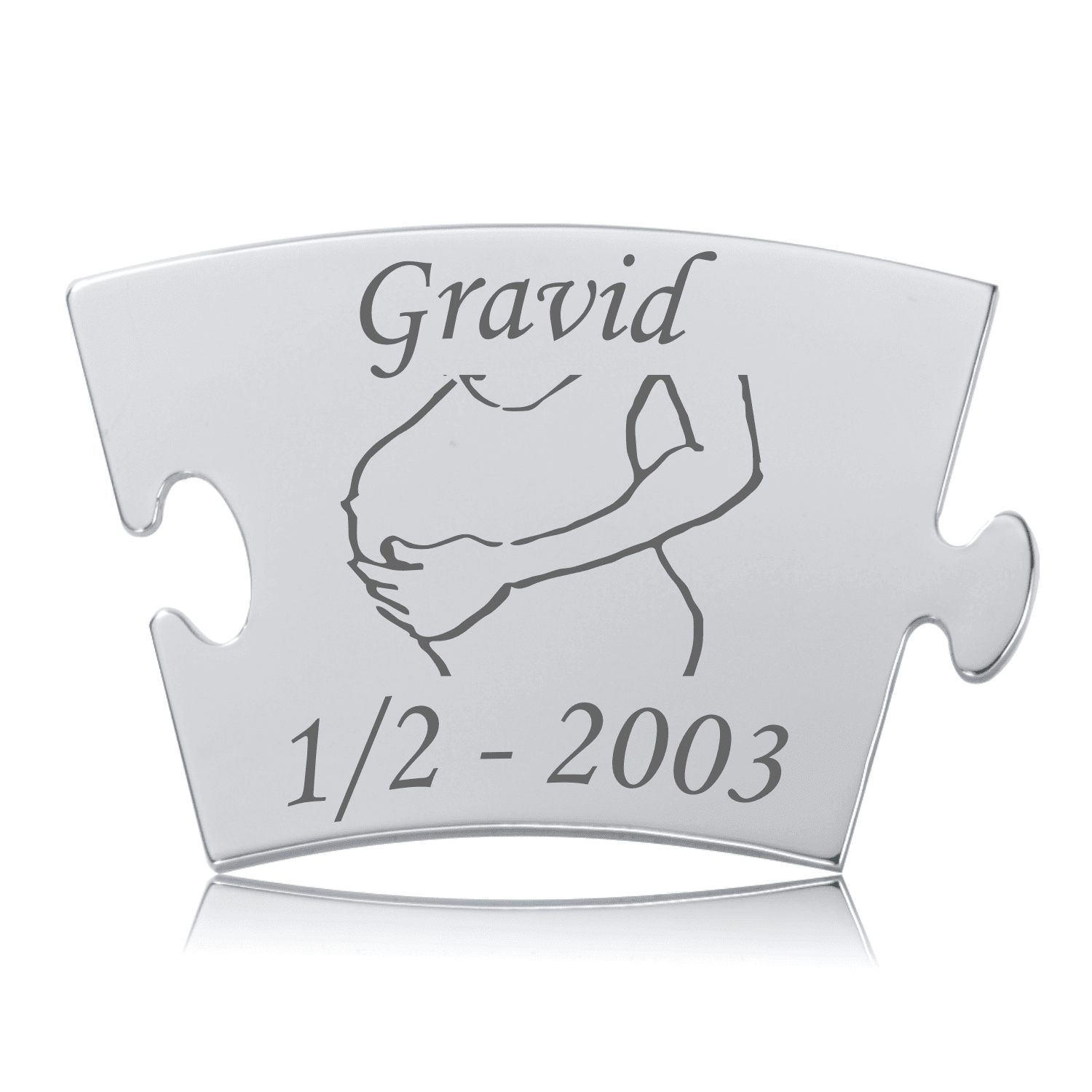 Memozz Classic brik "Gravid - Model Mave" i blankpoleret rustfrit stål med mørk lasergravering af en gravid mave og teksten "Gravid".