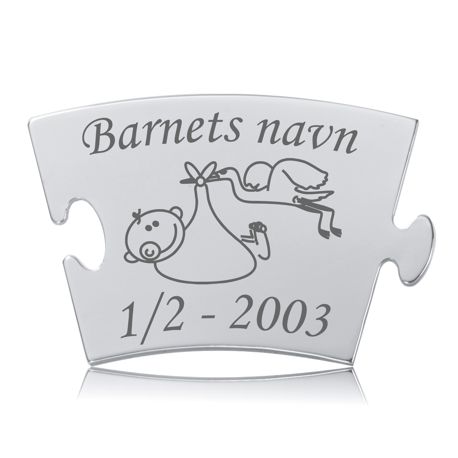 Memozz Classic mindebrik "Blev forældre" med stork og baby motiv, graveret i skinnende rustfrit stål, til personlig mindetavle