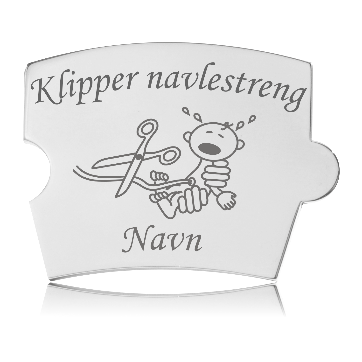 Spin Brik - Klipper Navlestreng gravering Memozz Spin brik i stål med gravering 'Klipper navlestreng' og en tegneseriefigur. Plads til personligt navn.