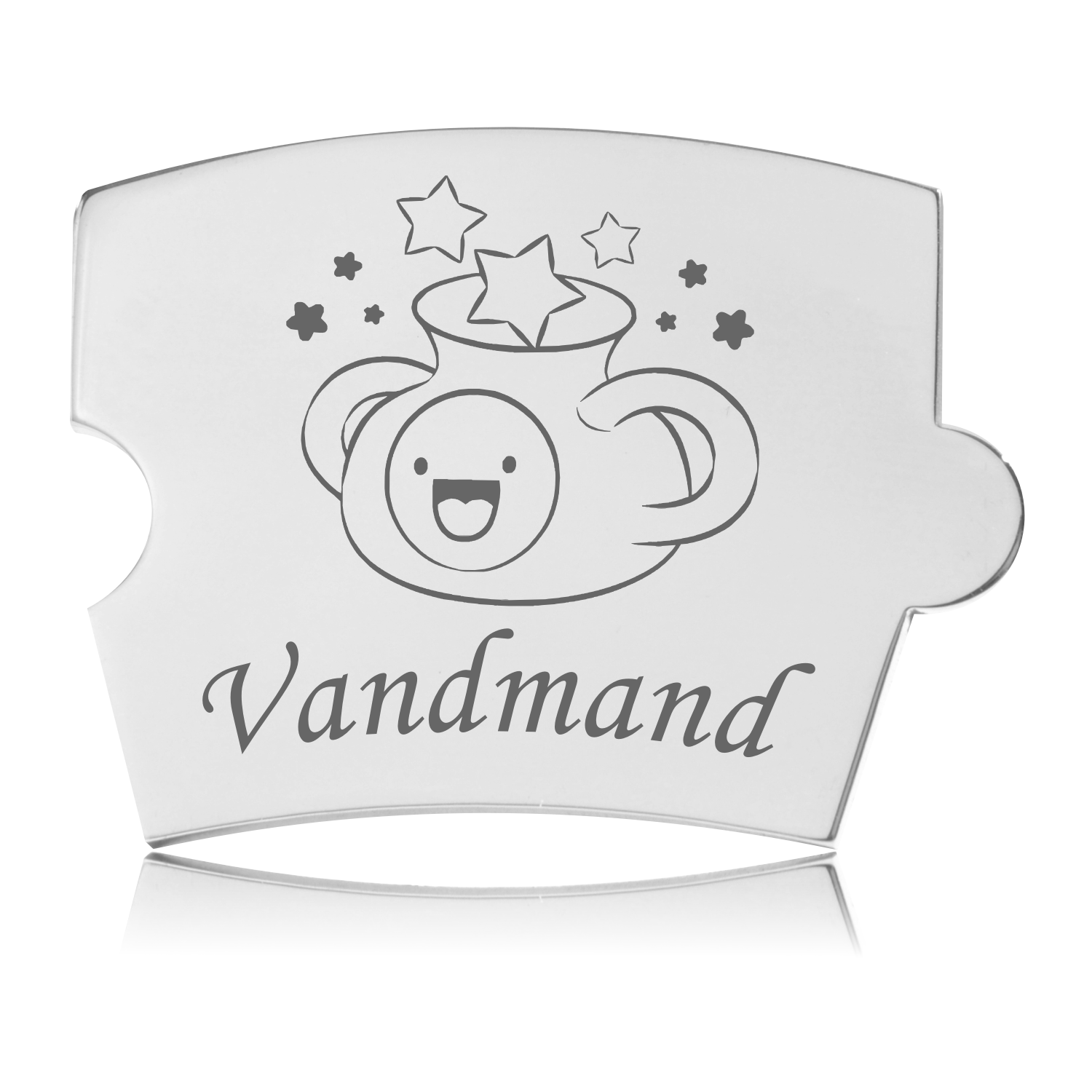 Memozz Spin brik stjernetegn Vandmand i håndpoleret rustfrit stål med tydelig mørkegrå lasergravering af en krukke med ansigt og stjerner. Teksten "Vandmand" er elegant graveret under motivet.