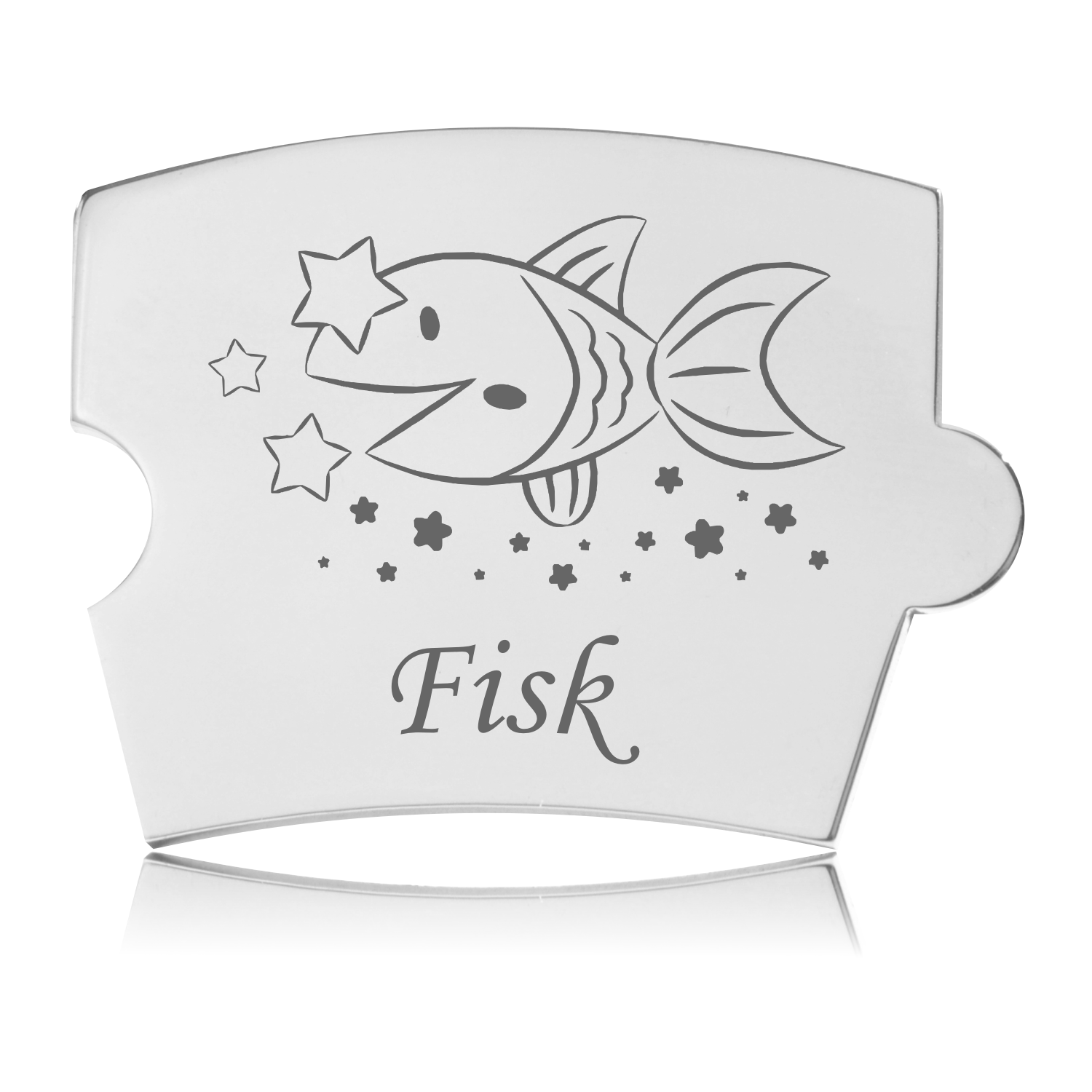 Memozz Spin Stjernetegn Fisk mindebrik i håndpoleret rustfrit stål med graveret fisk, stjerner og teksten "Fisk".